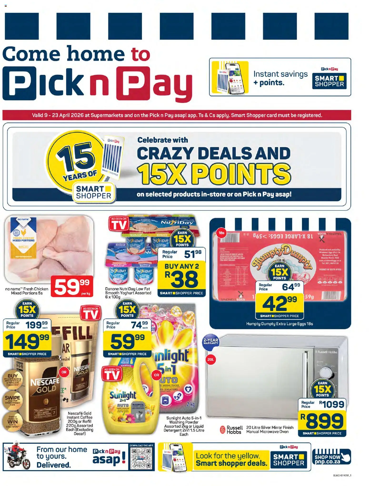 New Pick n Pay catalogue – valid from 09.04.2026 | Page: 1 | Products: Microwave oven, Yoghurt, Eggs, Chicken