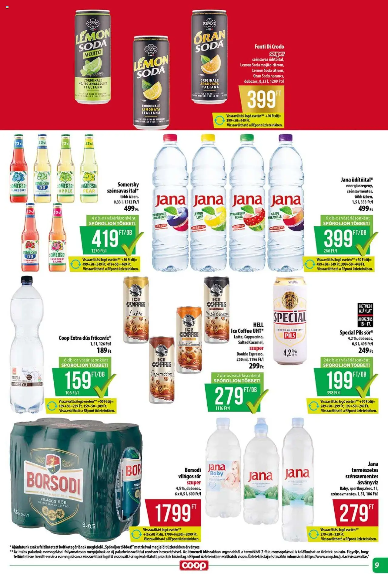 COOP akciós ujság - amely érvényes a következő dátumtól: 14.08.2025 | Oldal: 9 | Termékek: Lime, Cappuccino, Ásványvíz, Sör
