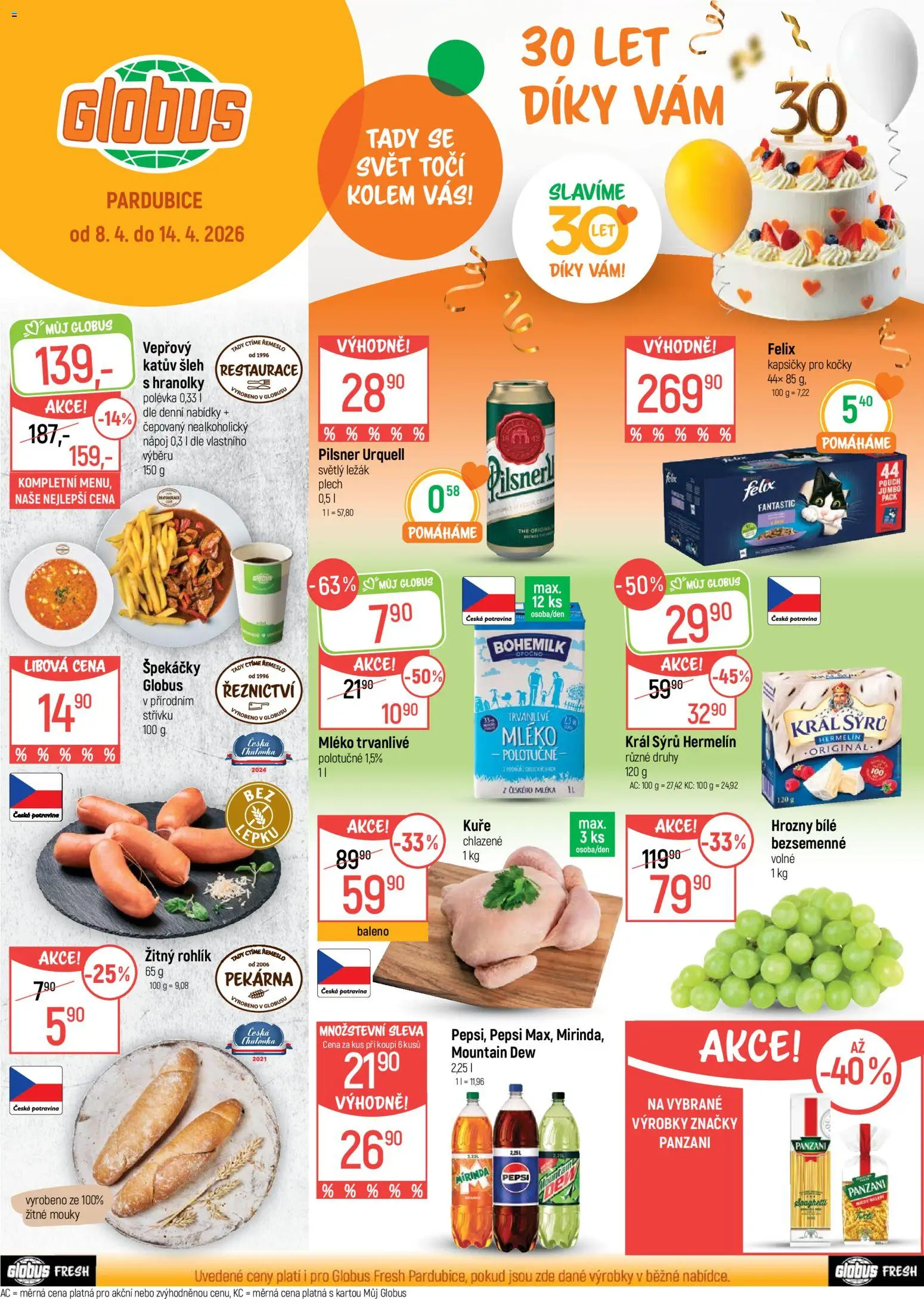 Globus leták - Pardubice od 08.04.2026 | Strana: 1 | Produkty: Pepsi, Kapsičky pro kočky, Plech, Pekárna