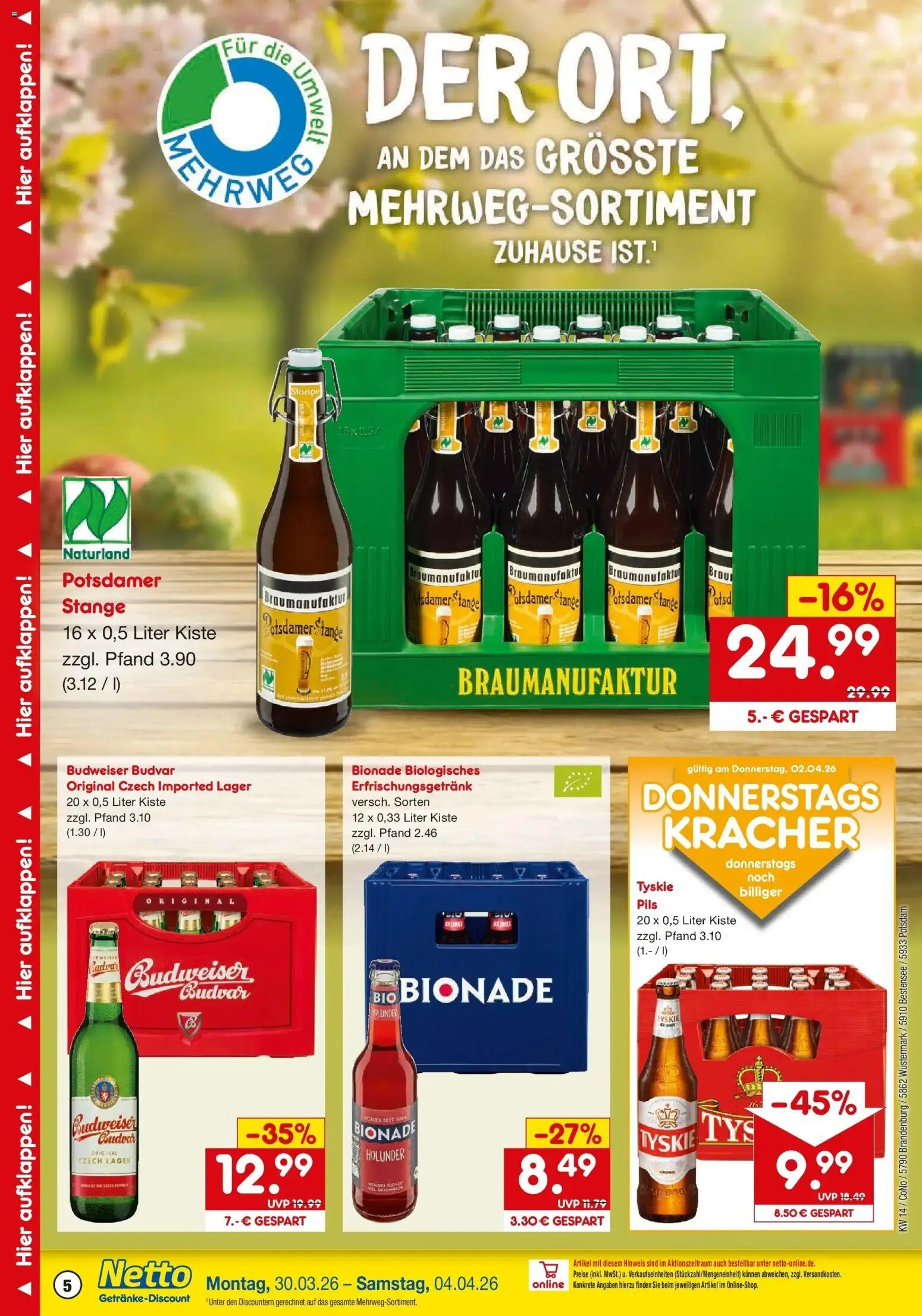 Netto Marken-Discount Prospekt Potsdam	 – gültig ab 30.03.2026 | Seite: 5 | Produkte: Tyskie, Pils, Bionade, Budweiser