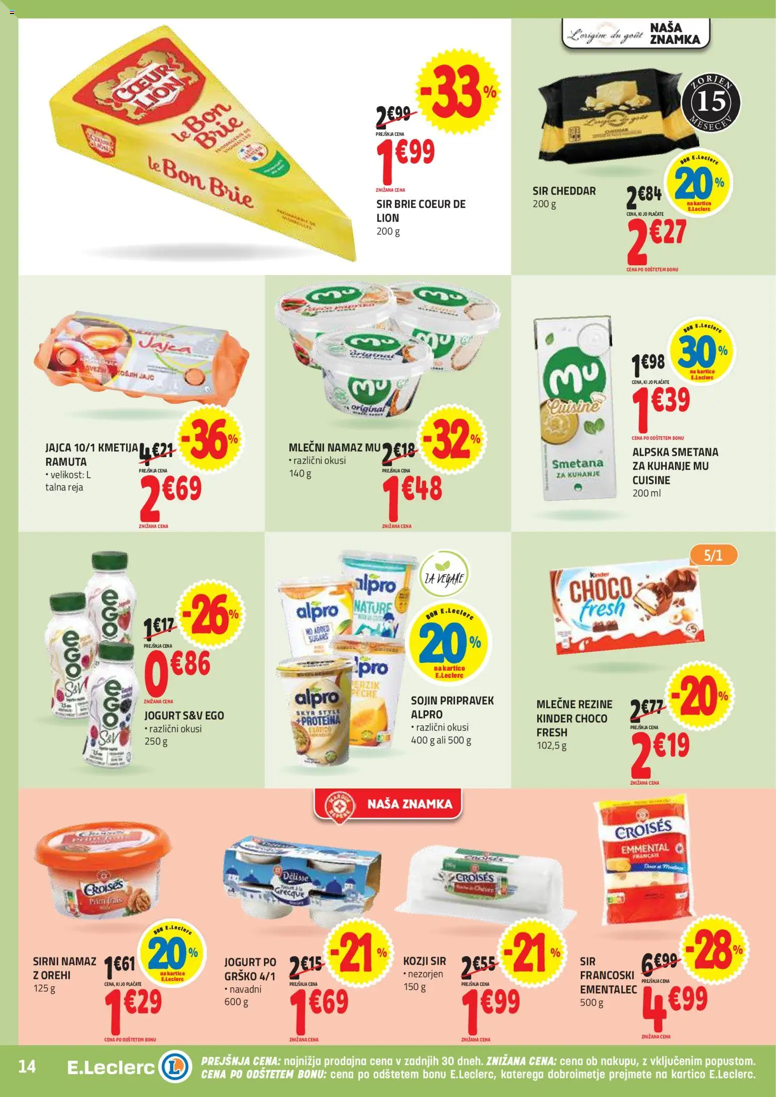 Novi E.leclerc katalog ponudbe – veljaven od 29.10.2025 | Stran: 14 | Izdelki: Sirni namaz, Ementalec, Cheddar, Smetana