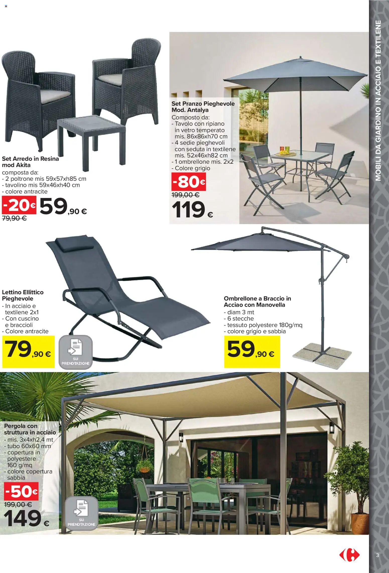 Volantino Carrefour del 23.03.2026 | Pagina: 3 | Prodotti: Tavolino, Ripiano, Ombrellone, Braccioli