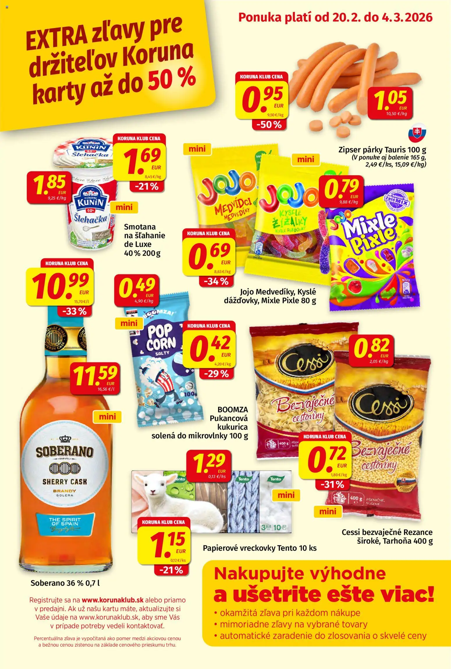 Nové Koruna akcie – leták je platný od 20.02.2026 | Strana: 1 | Produkty: Mikrovlnky, Rezance, Párky, Tarhoňa