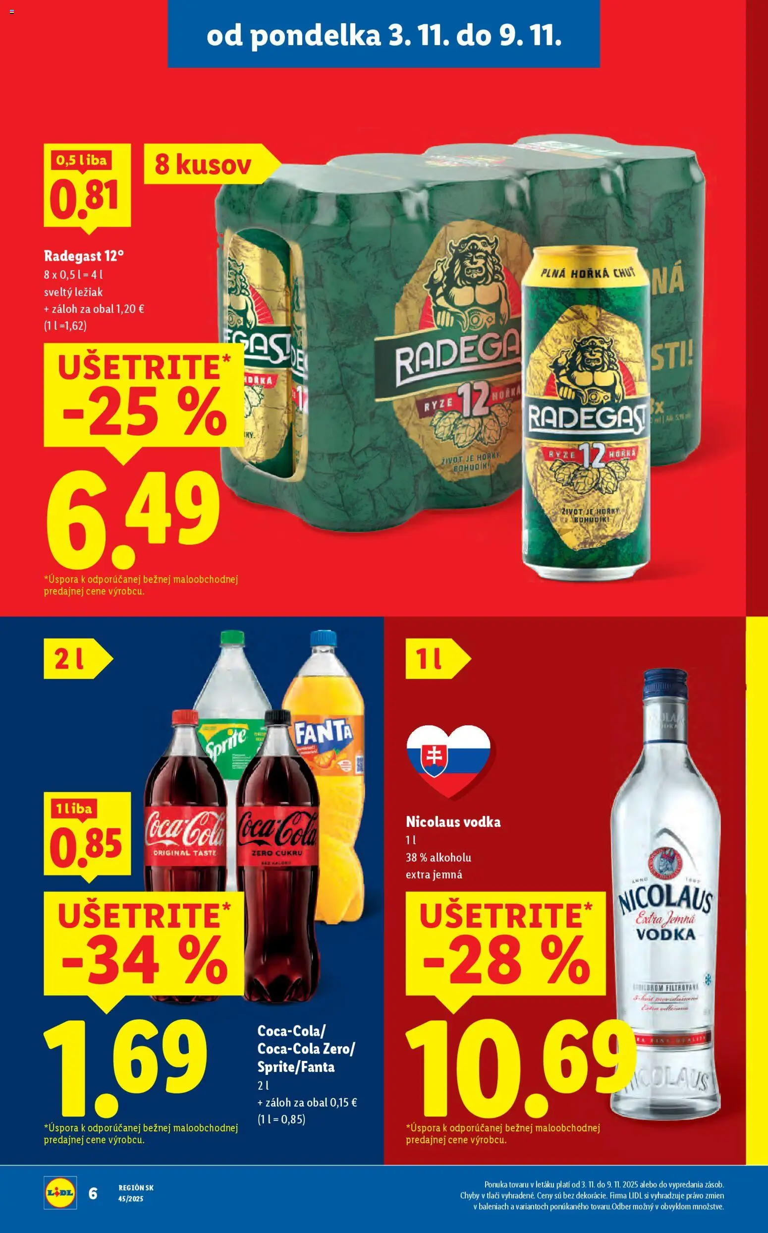 Nové Lidl akcie – leták je platný od 06.11.2025 | Strana: 42 | Produkty: Radegast, Sprite, Vodka, Nicolaus vodka