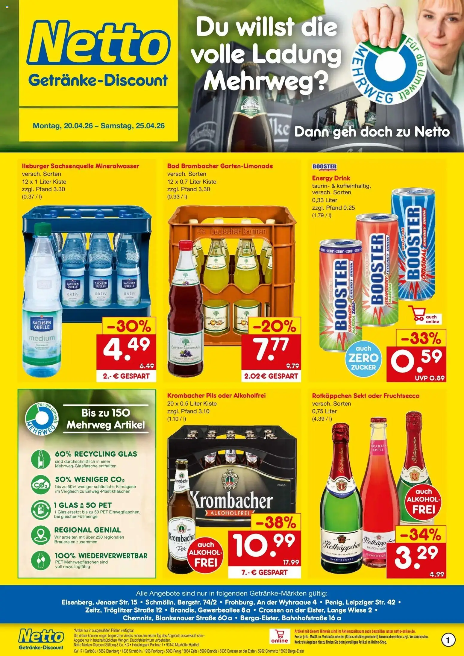 Netto Marken-Discount Prospekt Eisenberg	 – gültig ab 20.04.2026 | Seite: 1 | Produkte: Rotkappchen sekt, Bad, Mineralwasser, Fruchtsecco