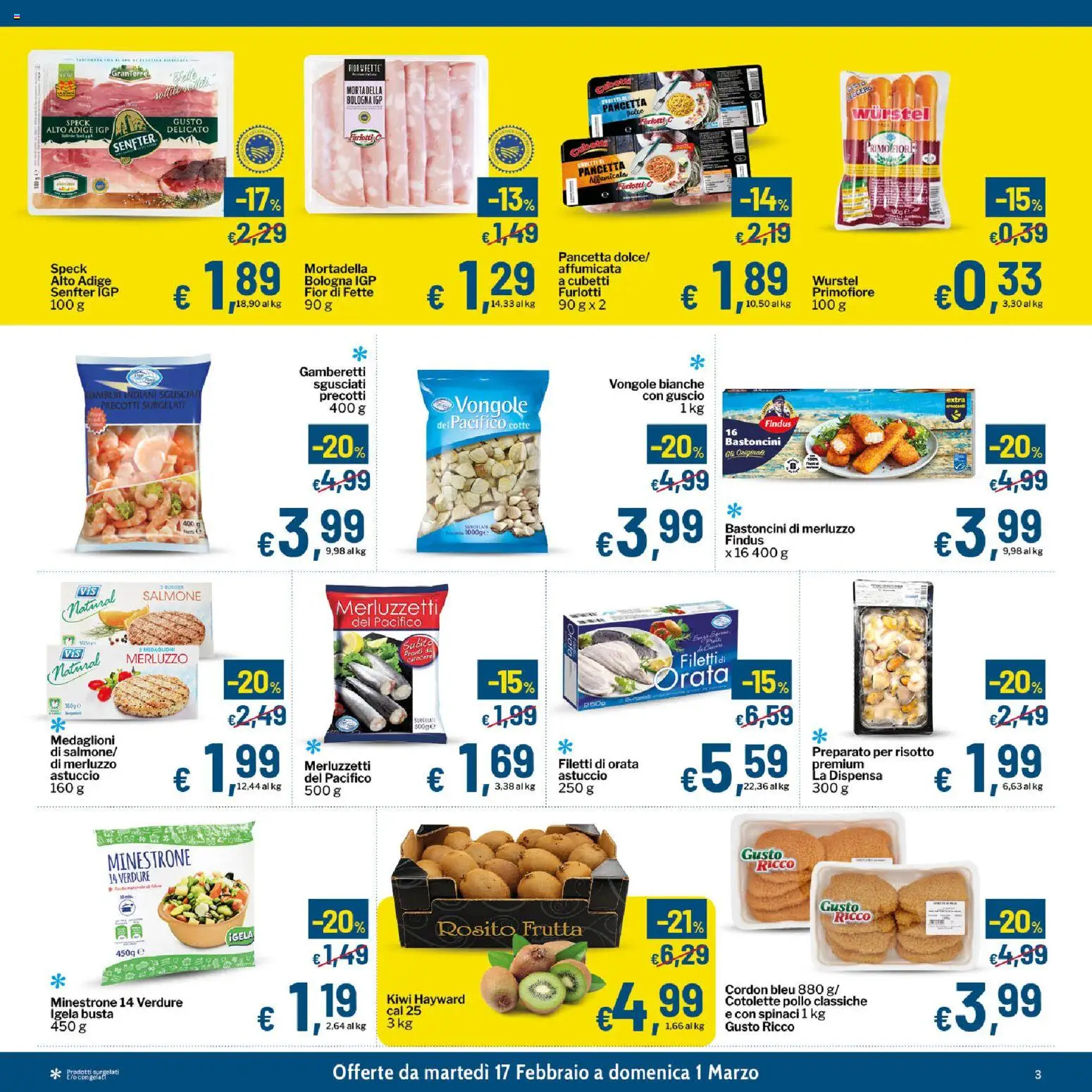 Volantino Qui Discount del 17.02.2026 | Pagina: 3 | Prodotti: Pollo, Vongole, Frutta, Orata