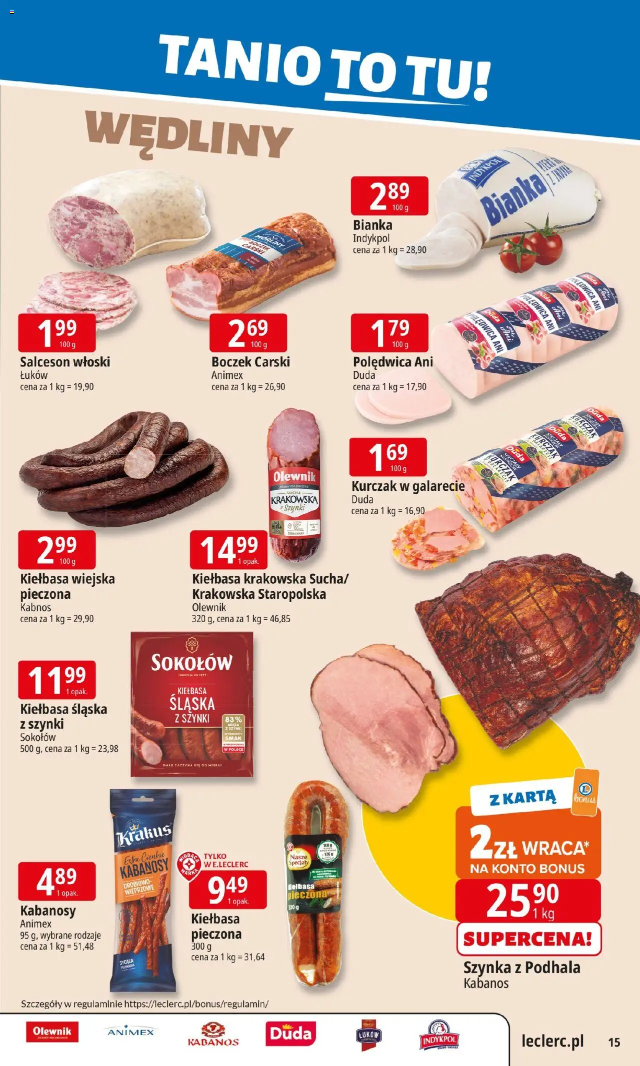 E.Leclerc Gazetka - Warszawa Ursynów od 08.09.2025 | Strona: 15 | Produkty: Karta, Kiełbasa śląska, Boczek, Wędliny