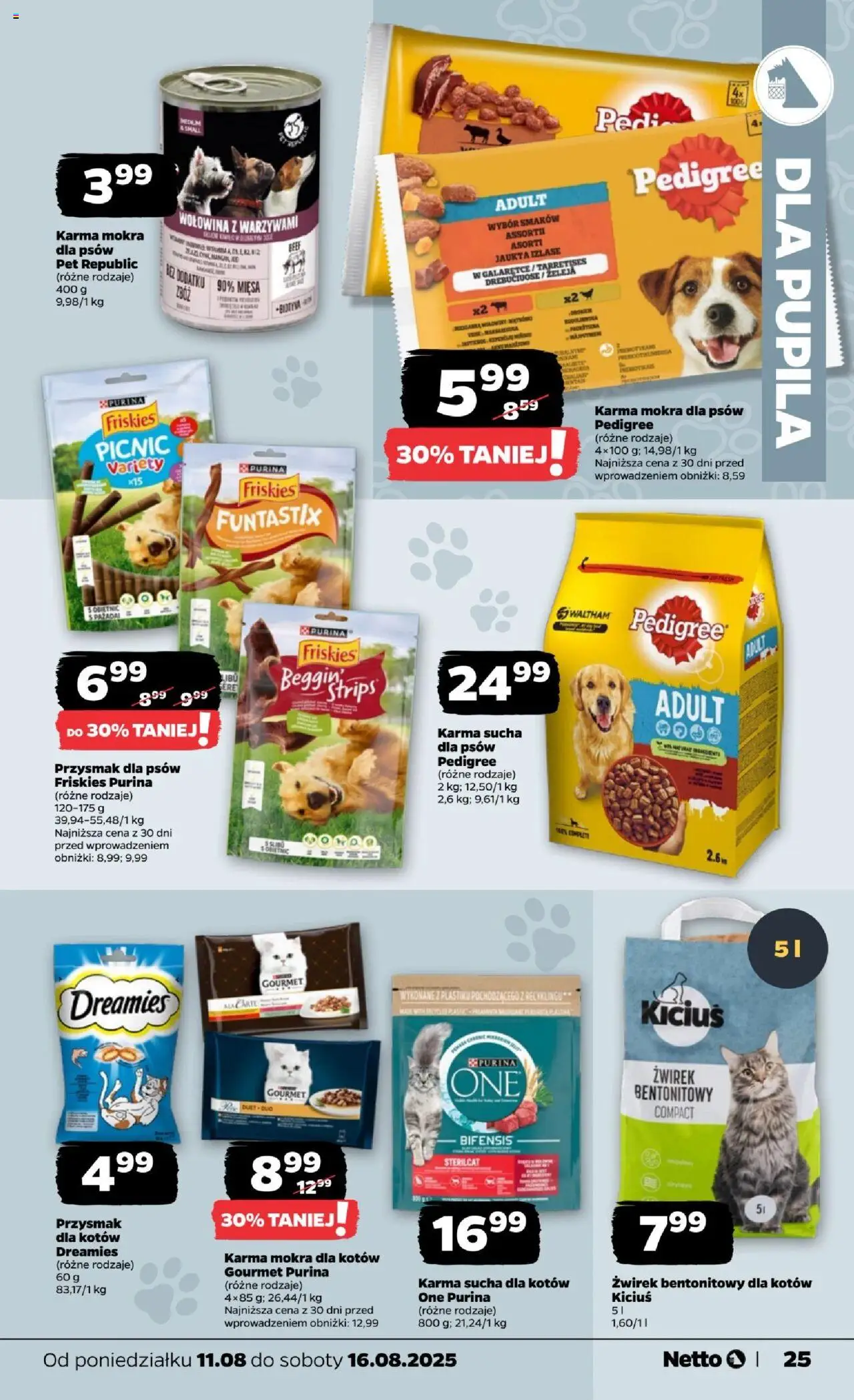 Netto gazetka - Spożywcza od 11.08.2025 | Strona: 25 | Produkty: Pedigree, Żwirek bentonitowy, Wołowina