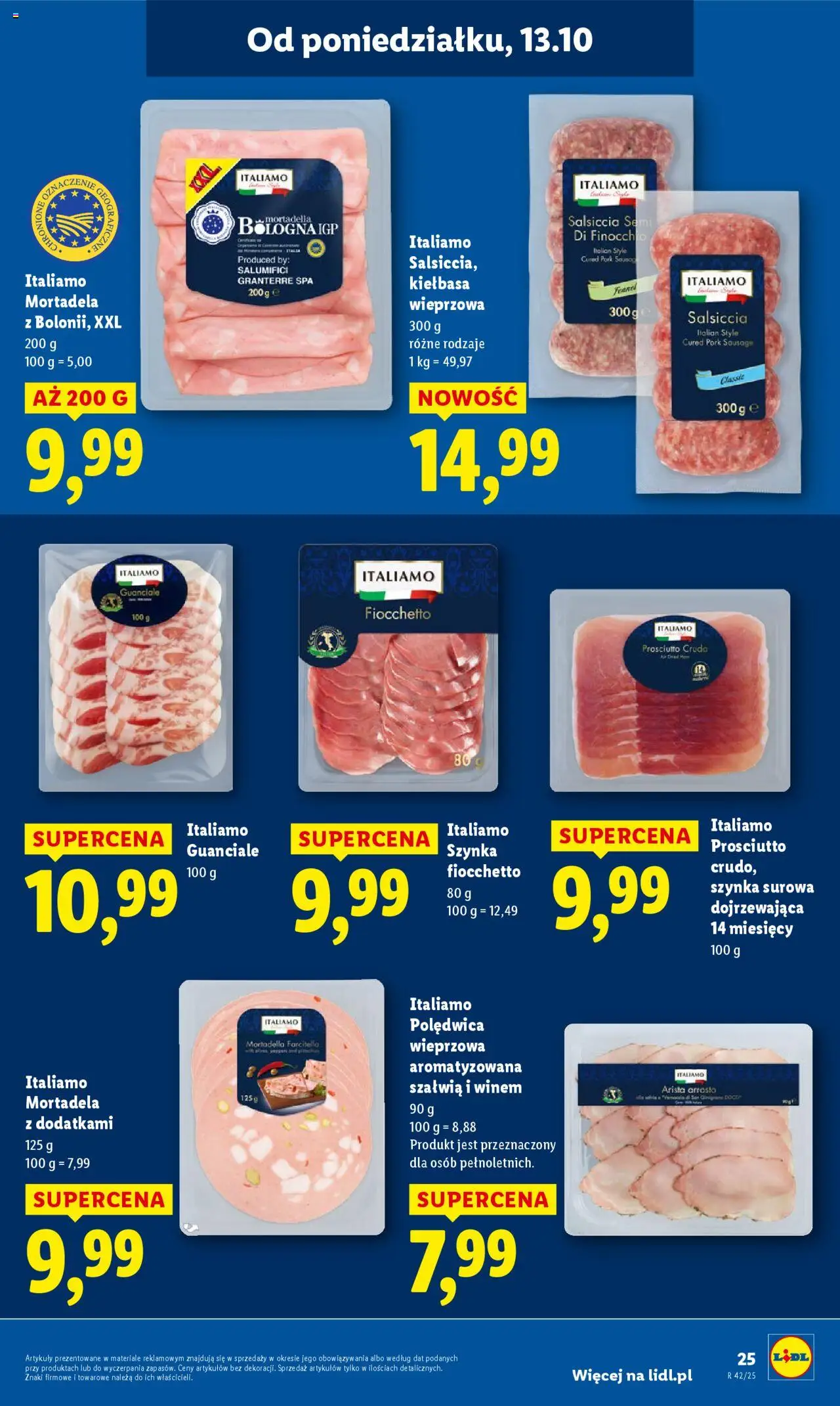 Lidl Gazetka od 13.10.2025 | Strona: 25 | Produkty: Kiełbasa, Mortadela, Szynka, Prosciutto