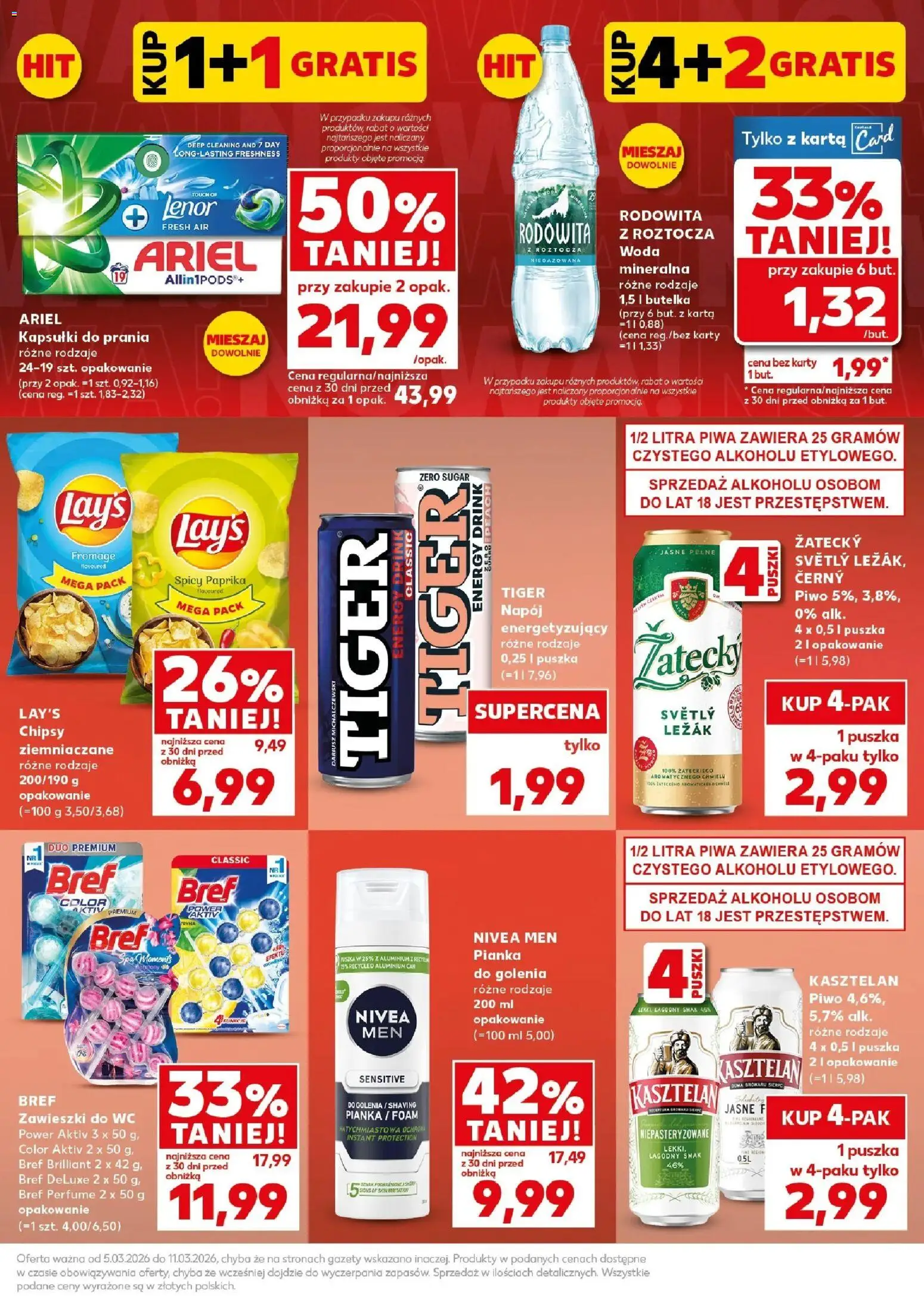 Kaufland gazetka - Mocny start od 09.03.2026 | Strona: 9 | Produkty: Chipsy, Ariel, Piwo, Woda