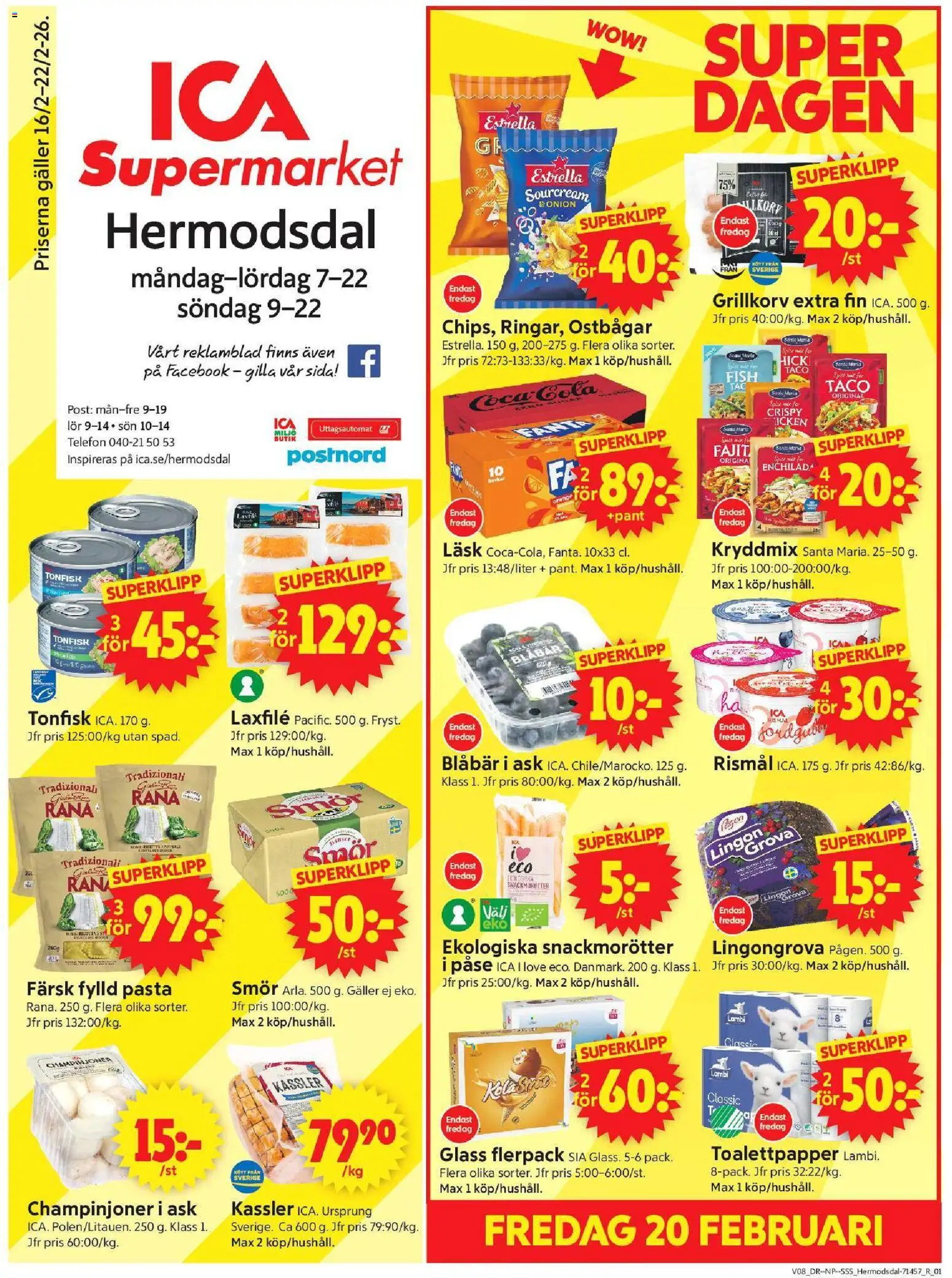 ICA Supermarket reklamblad aktuell från 16.02.2026 | Sida: 1 | Produkter: Kassler, Toalettpapper, Tonfisk, Blåbär