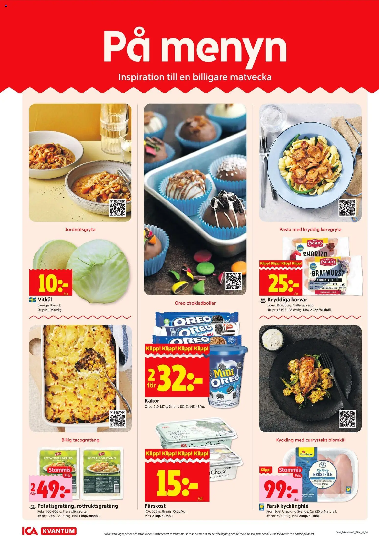 ICA Kvantum reklamblad aktuell från 27.10.2025 | Sida: 4 | Produkter: Vitkål, Oreo, Chorizo, Pasta