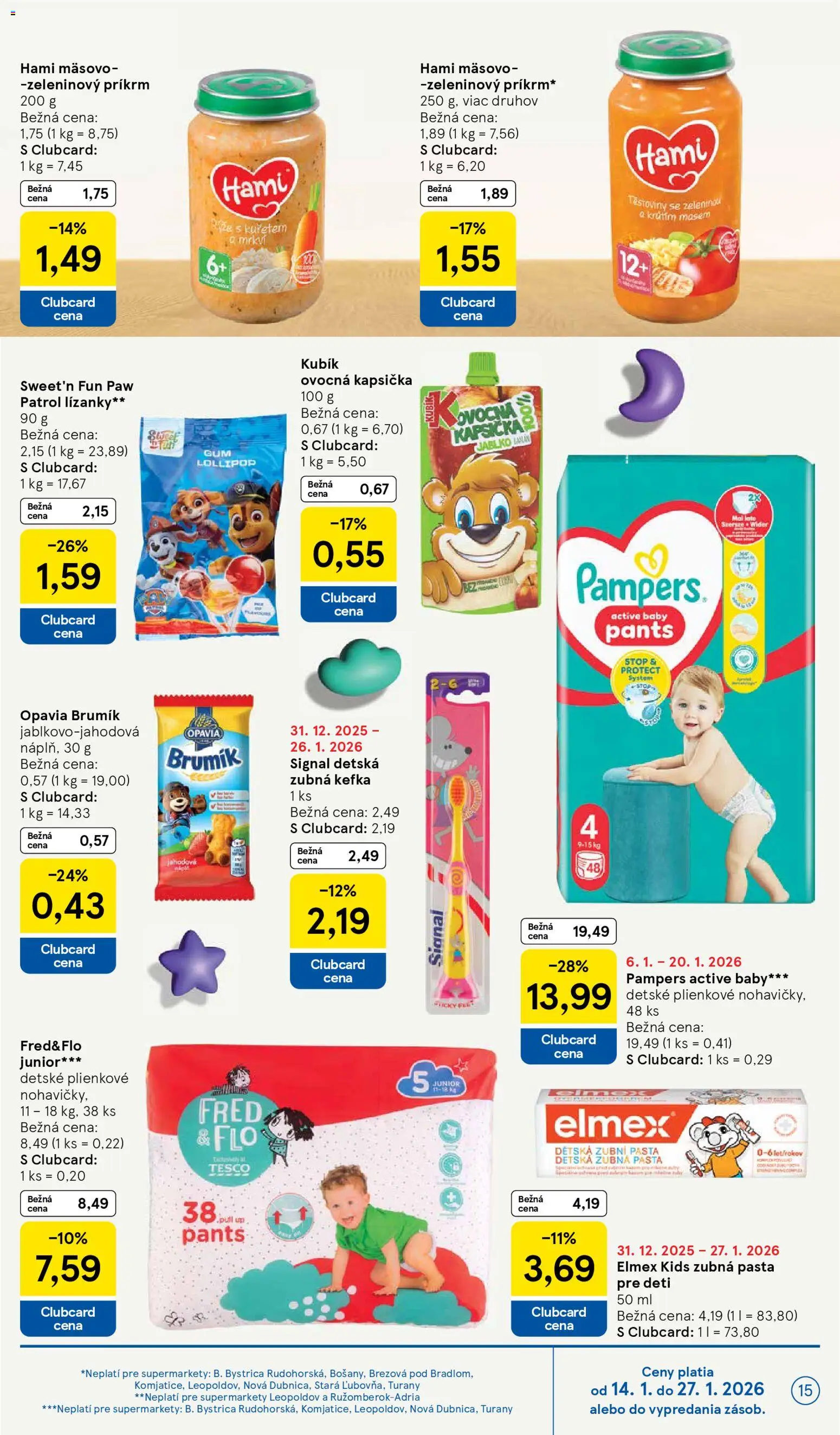 Nové Tesco akcie – leták je platný od 14.01.2026 | Strana: 15 | Produkty: Zubná kefka, Zubná pasta, Pampers
