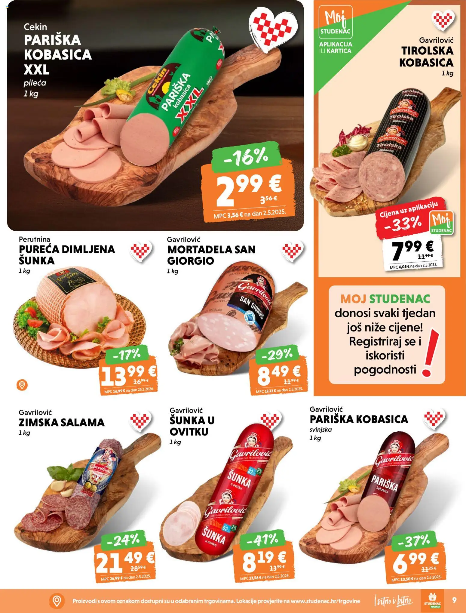 Studenac katalog | vrijedi od 22.04.2026 | Stranica: 9 | Proizvodi: Salama, Šunka, Mortadela, Kobasica