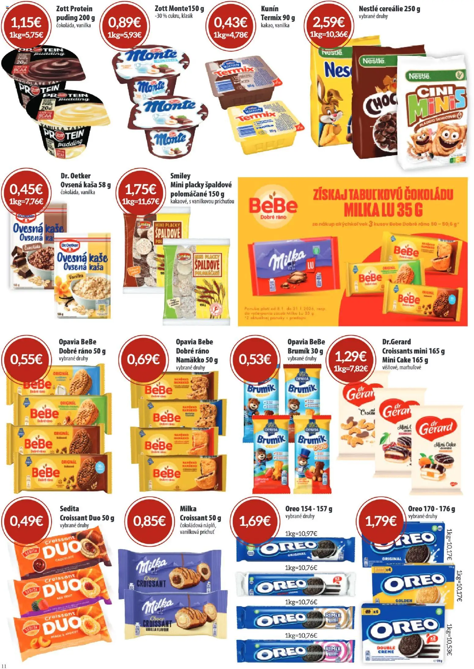 Nové Sintra akcie – leták je platný od 08.01.2026 | Strana: 11 | Produkty: Croissant, Protein, Cereálie, Milka