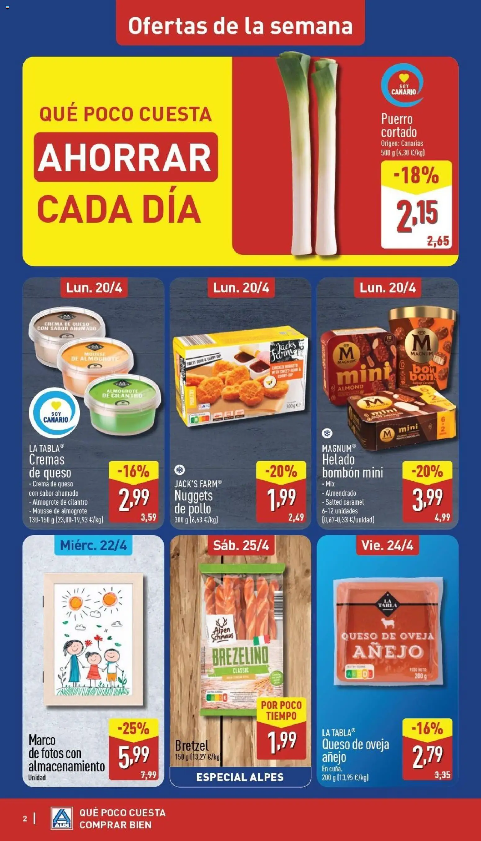 Aldi folleto Canarias │ válido desde el 20.04.2026 | Página: 2 | Productos: Queso, Helado, Peso, Nuggets