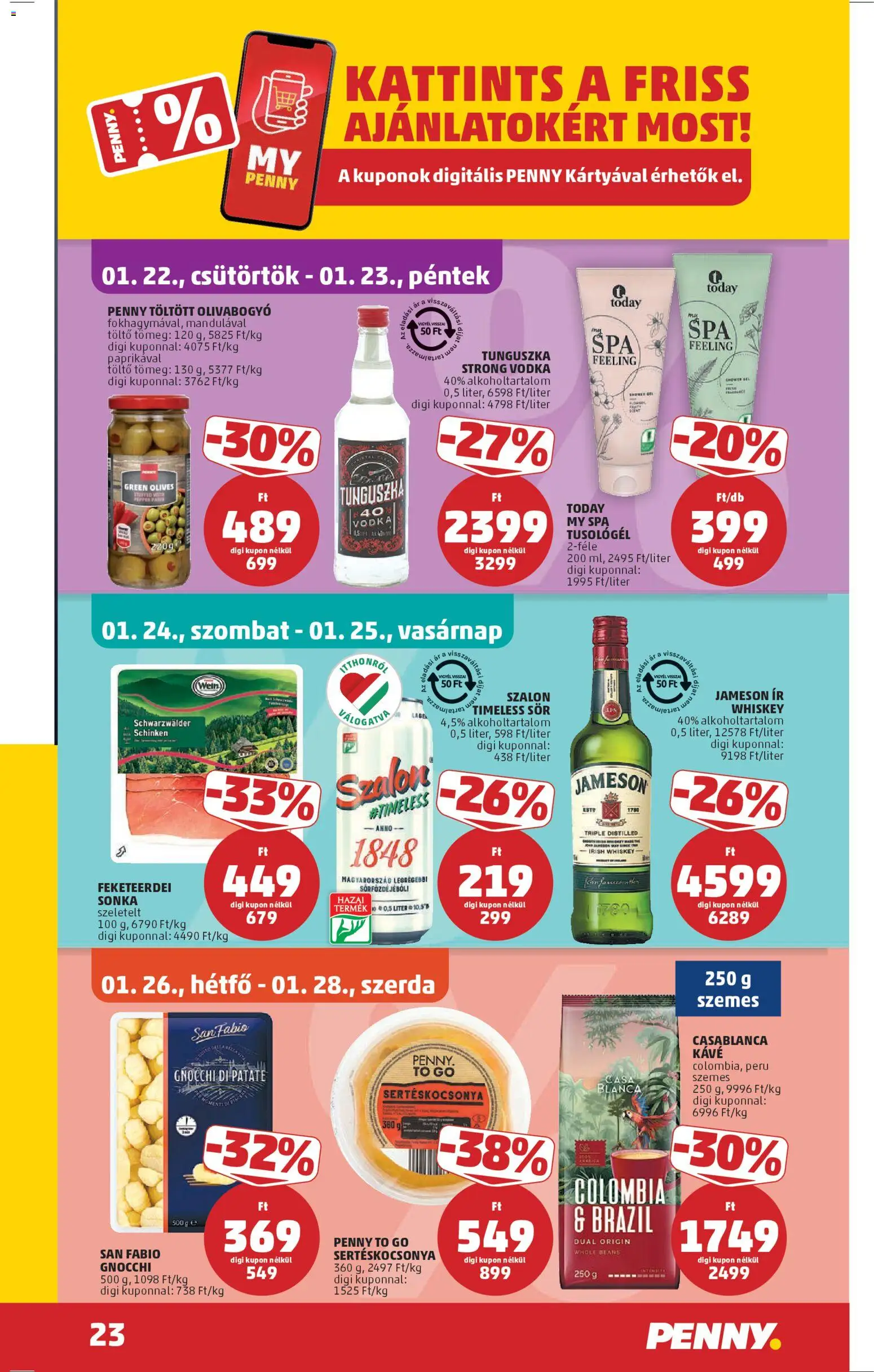 PENNY akciós ujság - amely érvényes a következő dátumtól: 22.01.2026 | Oldal: 27 | Termékek: Whiskey, Irish whiskey, Gnocchi, Olívabogyó