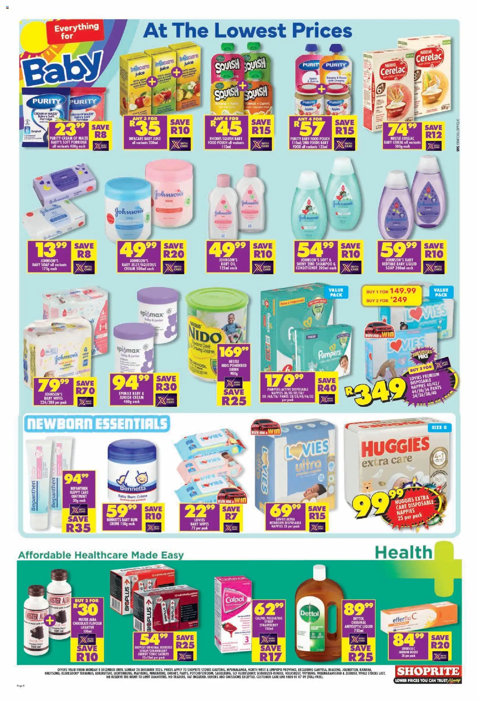 New Shoprite catalogue – valid from 08.12.2025 | Page: 8 | Products: Antiseptic liquid, Cream, Syrup, Nappies