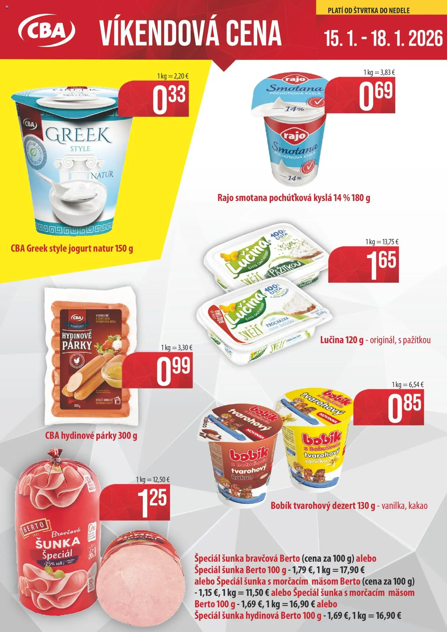 Nové CBA Komfos akcie – leták je platný od 15.01.2026 | Strana: 1 | Produkty: Jogurt, Šunka, Smotana, Párky