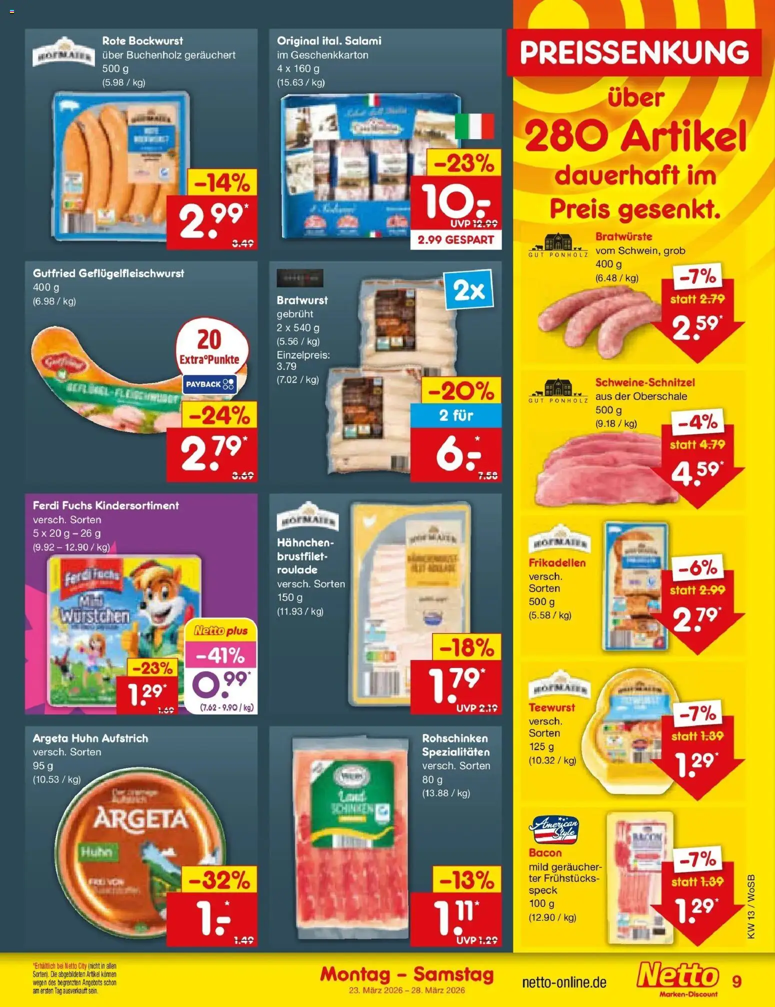 Netto Marken-Discount Prospekt Lahnau	 – gültig ab 23.03.2026 | Seite: 9 | Produkte: Bockwurst, Hahnchen, Bratwurst, Salami