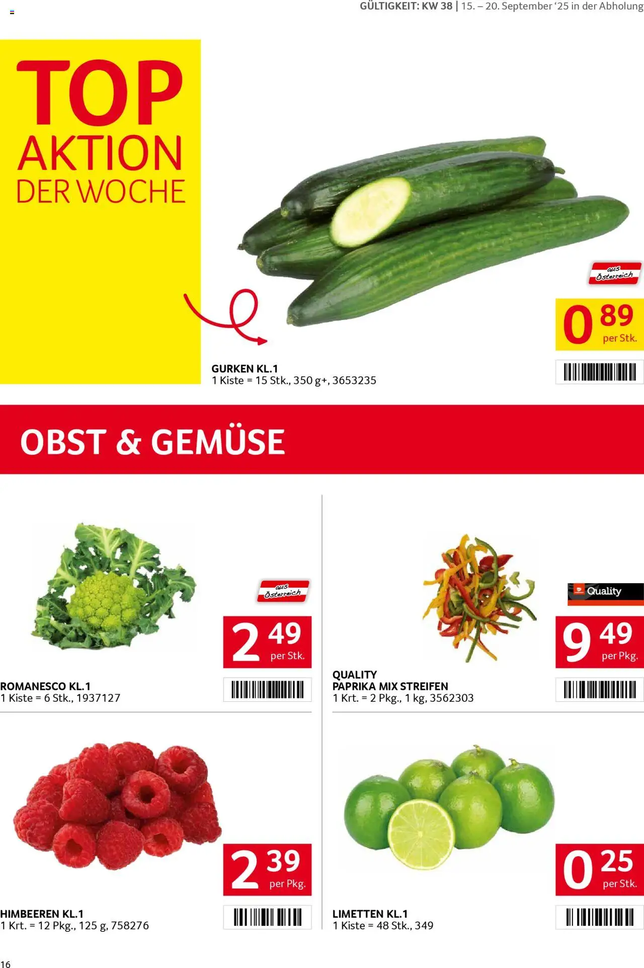 Transgourmet Flugblatt gültig ab 14.09.2025 | Seite: 16 | Produkte: Gurken, Gemüse, Obst