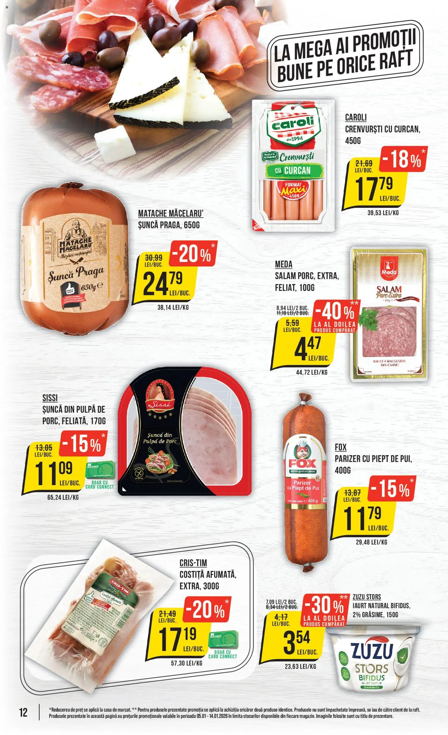 Noul catalog Mega Image – valabil de la 05.01.2026 | Pagină: 12 | Produse: Crenvurști, Iaurt, Salam, Șuncă