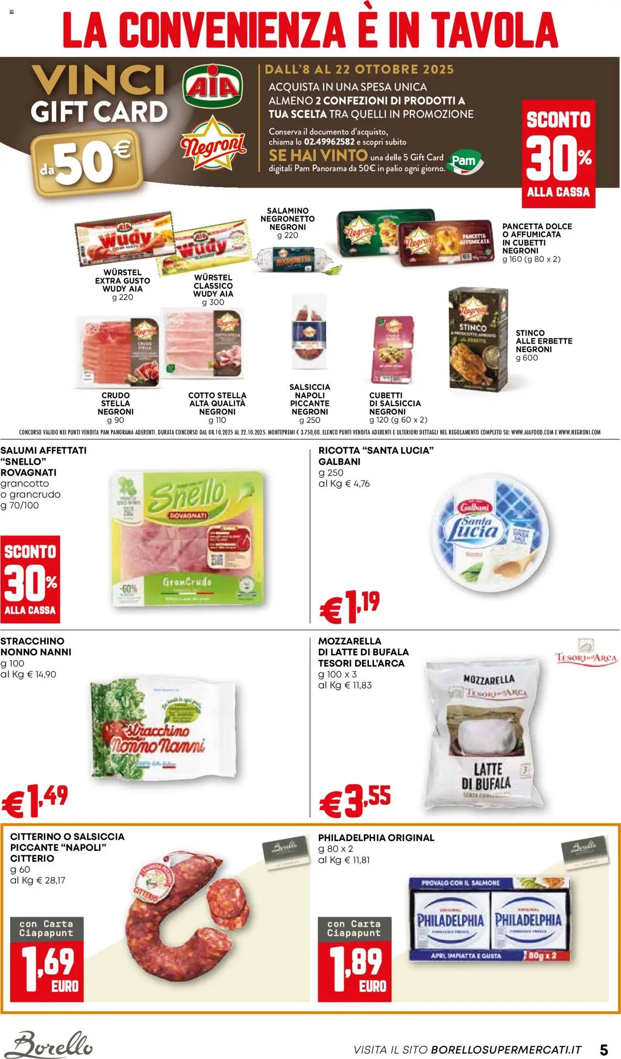 Volantino Borello Supermercati del 09.10.2025 | Pagina: 5 | Prodotti: Salmone, Mozzarella, Salsiccia, Ricotta