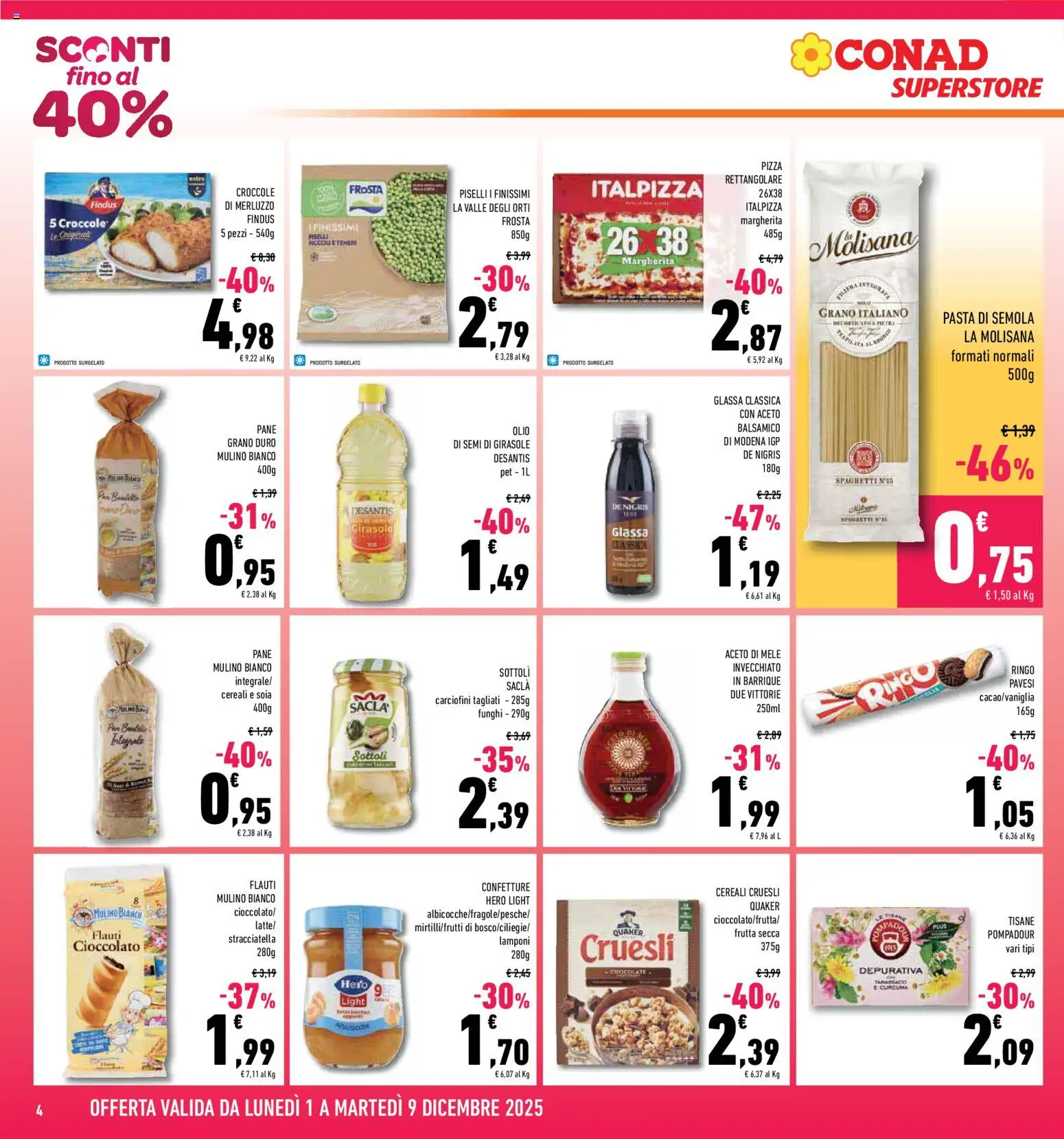 Volantino Conad del 01.12.2025 | Pagina: 4 | Prodotti: Pane, Pizza, Lamponi, Pasta