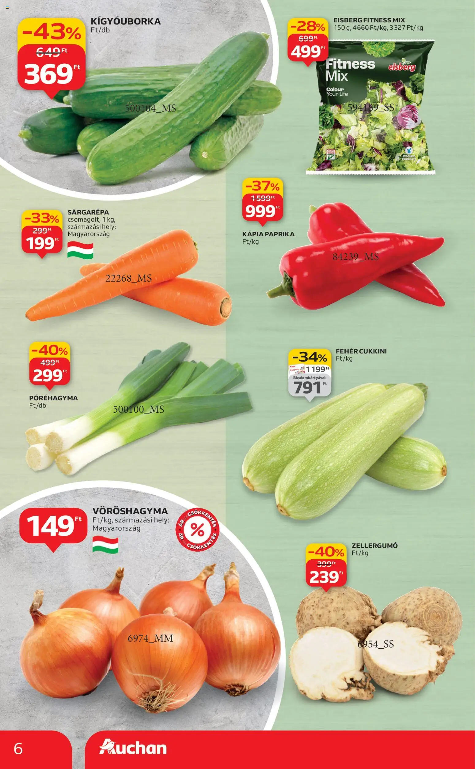 Auchan akciós ujság - amely érvényes a következő dátumtól: 02.01.2026 | Oldal: 6 | Termékek: Kígyóuborka, Sárgarépa, Vöröshagyma, Kápia paprika