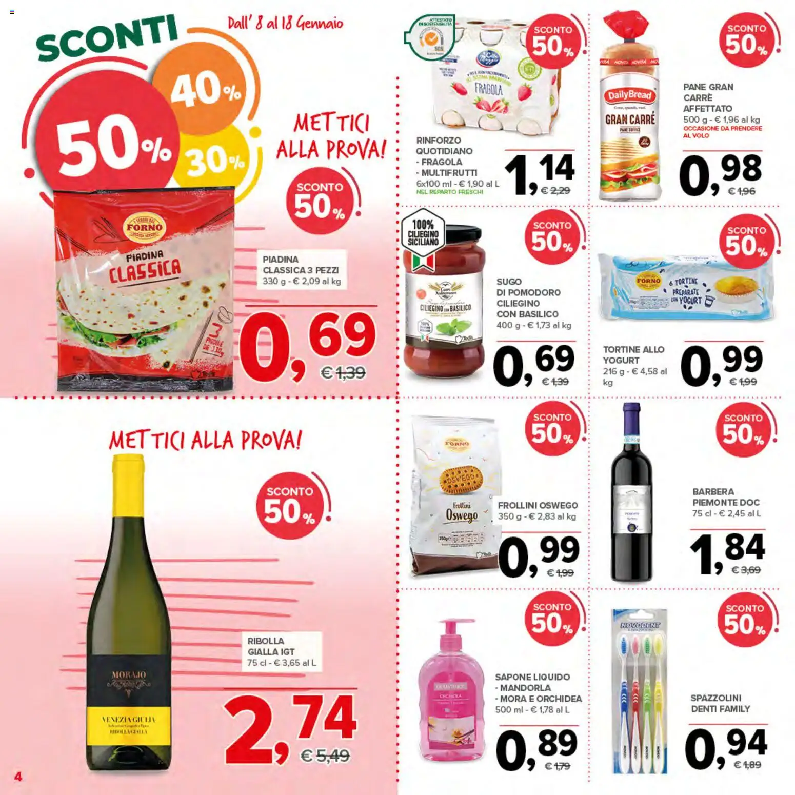 Volantino Todis del 08.01.2026 | Pagina: 4 | Prodotti: Pane, Pomodoro, Piadina, Frollini