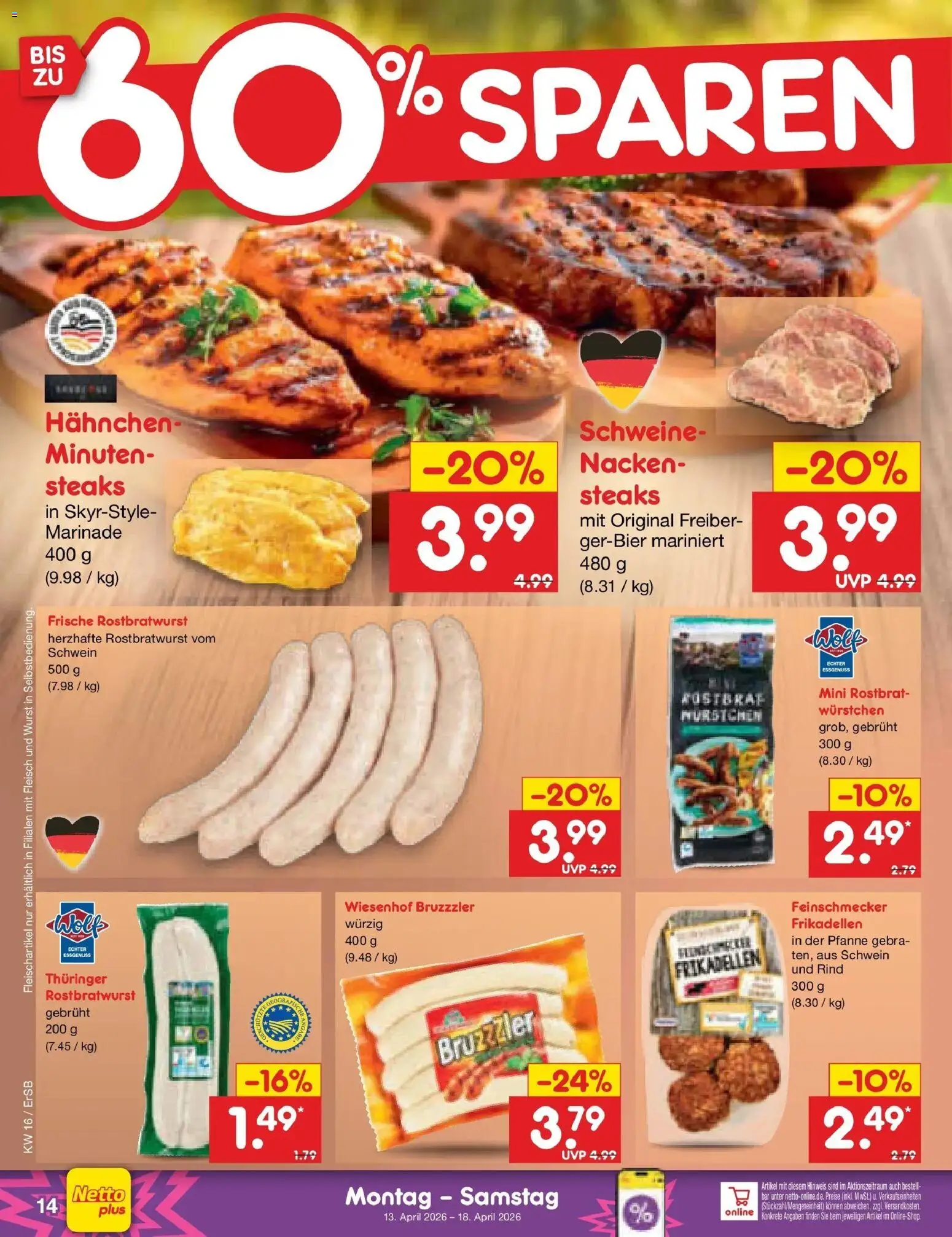 Netto Marken-Discount Prospekt Pirna	 – gültig ab 13.04.2026 | Seite: 16 | Produkte: Hahnchen, Wurst, Fleisch