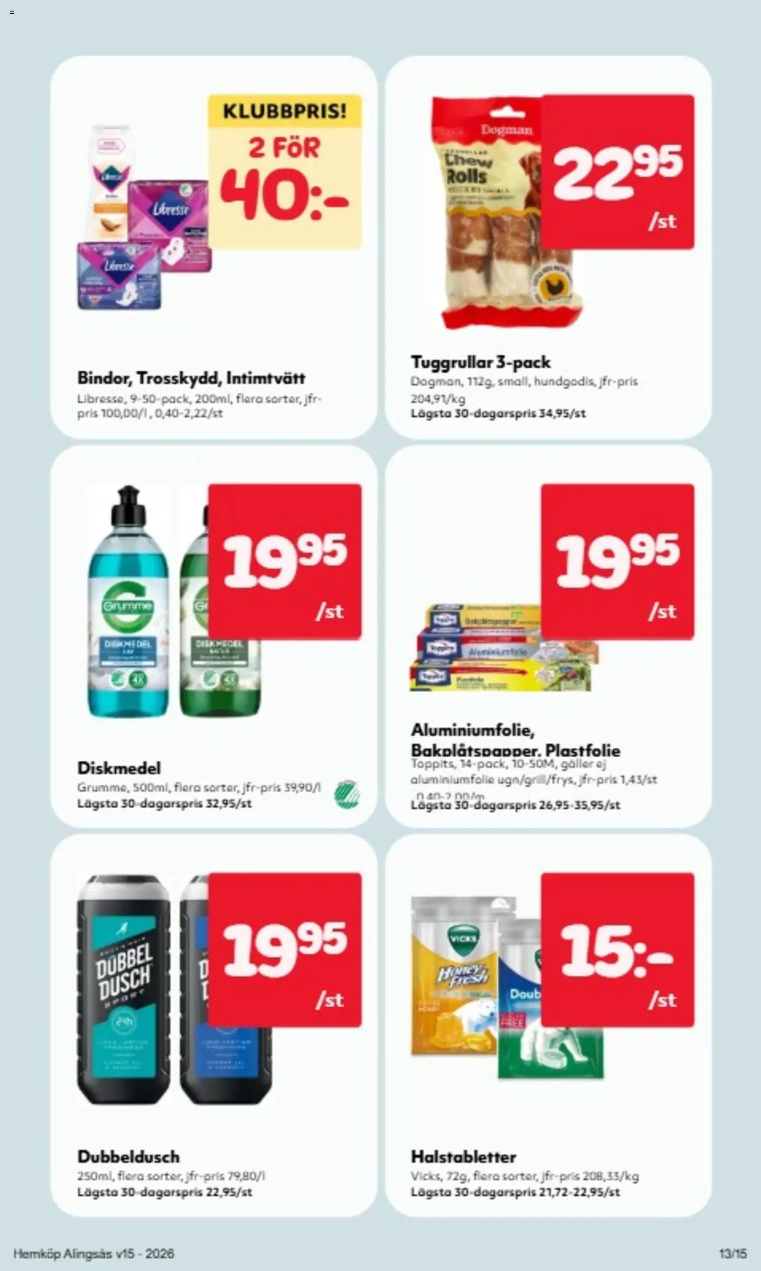 Hemköp reklamblad aktuell från 06.04.2026 | Sida: 13 | Produkter: Halstabletter, Diskmedel, Galler, Plastfolie