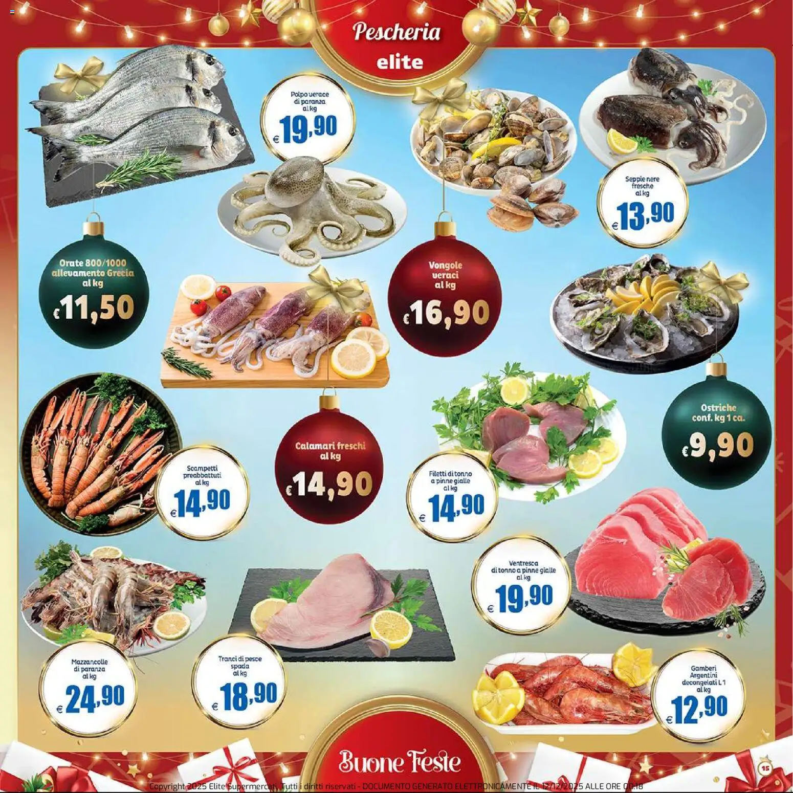 Volantino Elite Supermercati del 12.12.2025 | Pagina: 15 | Prodotti: Gamberi, Mazzancolle, Calamari, Tonno