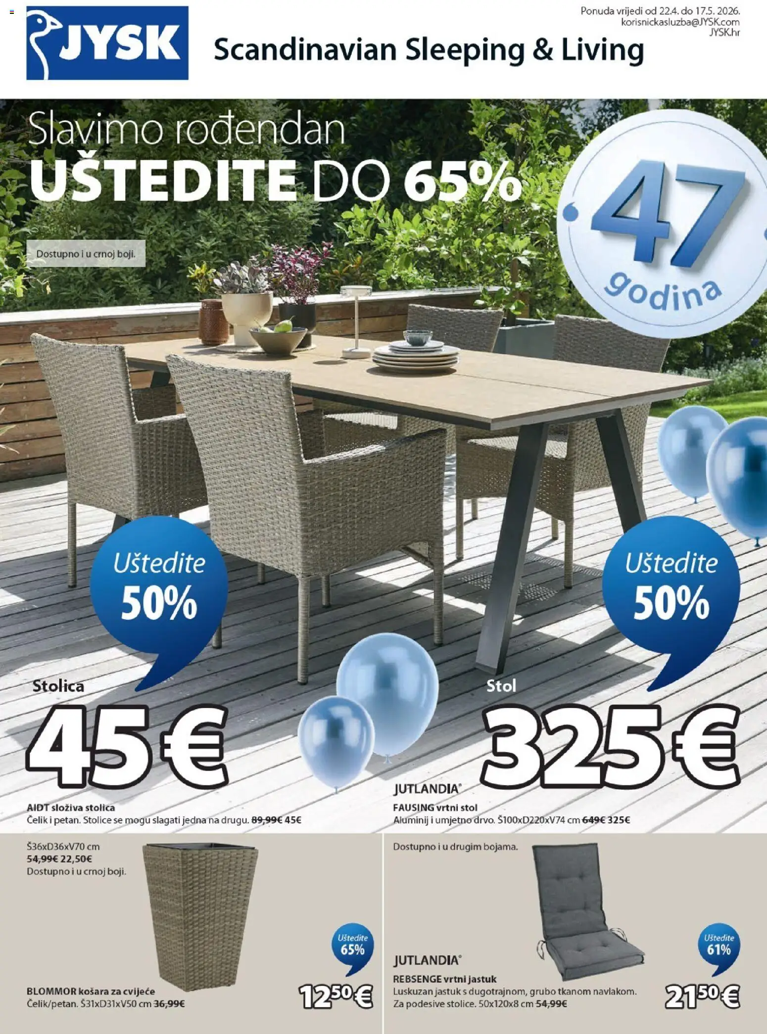 JYSK katalog | vrijedi od 22.04.2026 | Stranica: 1 | Proizvodi: Cvijeće, Stol, Stolica, Košara