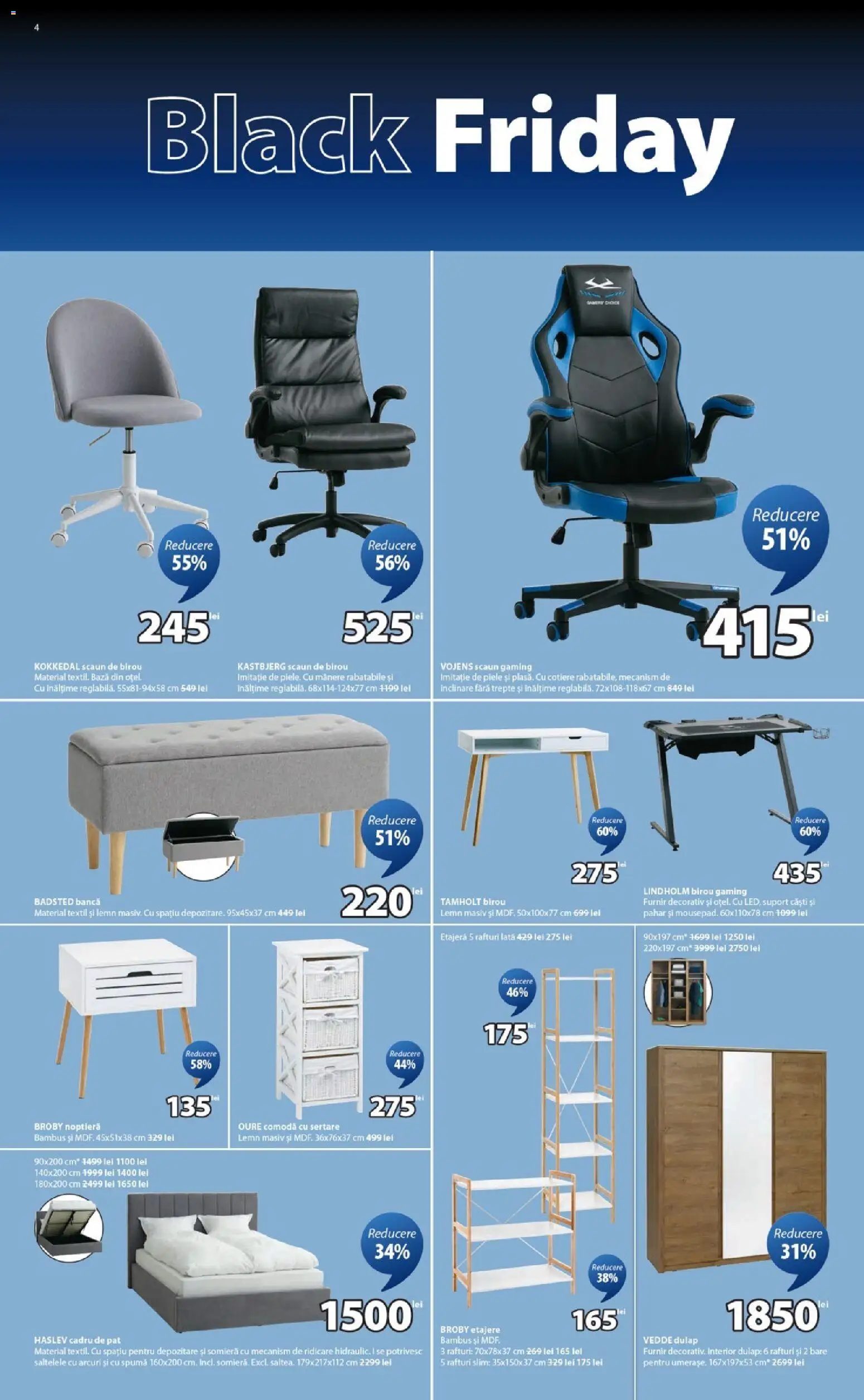 Noul catalog JYSK – valabil de la 14.11.2025 | Pagină: 4 | Produse: Scaun gaming, Căști, Çikolatalı gofret, Comodă