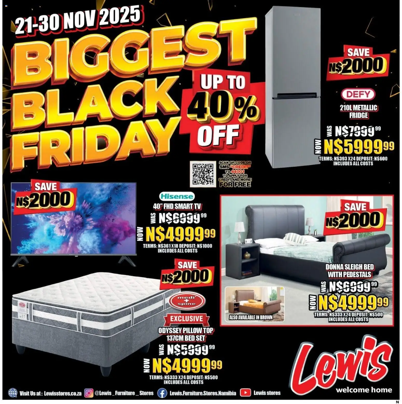 New Lewis Stores catalogue – valid from 21.11.2025 | Page: 1 | Products: Bed, Pillow, TV, Fridge