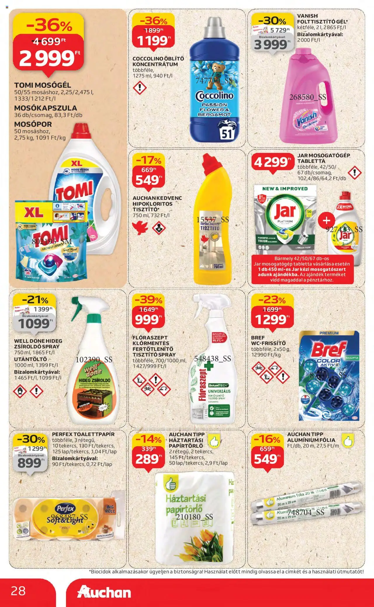 Auchan akciós ujság - amely érvényes a következő dátumtól: 21.08.2025 | Oldal: 28 | Termékek: Papírtörlő, Mosókapszula, Mosópor, Mosogatógép tabletta