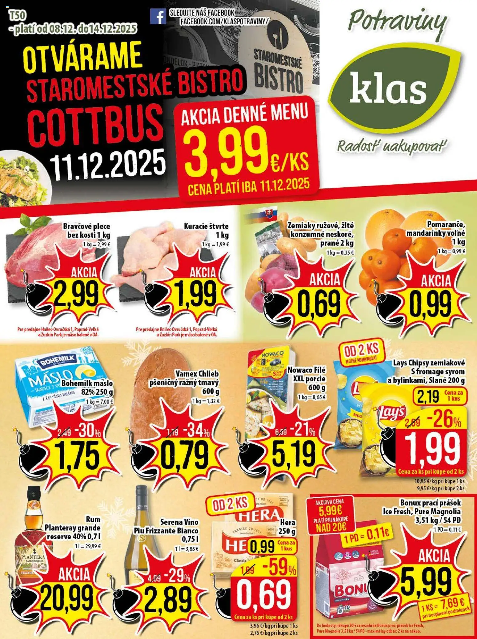 Nové Klas akcie – leták je platný od 08.12.2025 | Strana: 1 | Produkty: Maslo, Chipsy, Mandarinky, Bonux