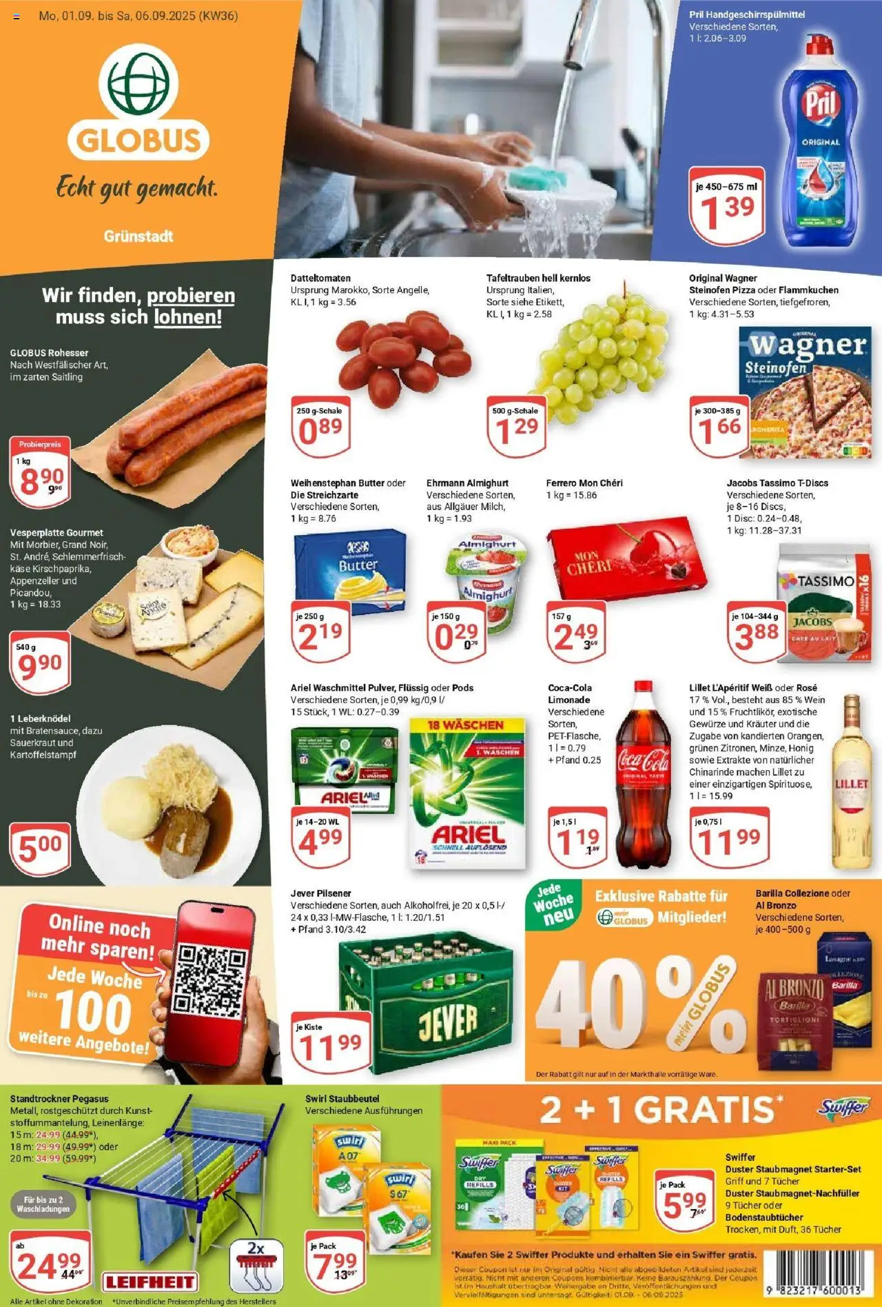 Globus prospekt Grünstadt	 – gültig ab 01.09.2025 | Seite: 3 | Produkte: Cola, Barilla, Pizza, Swiffer