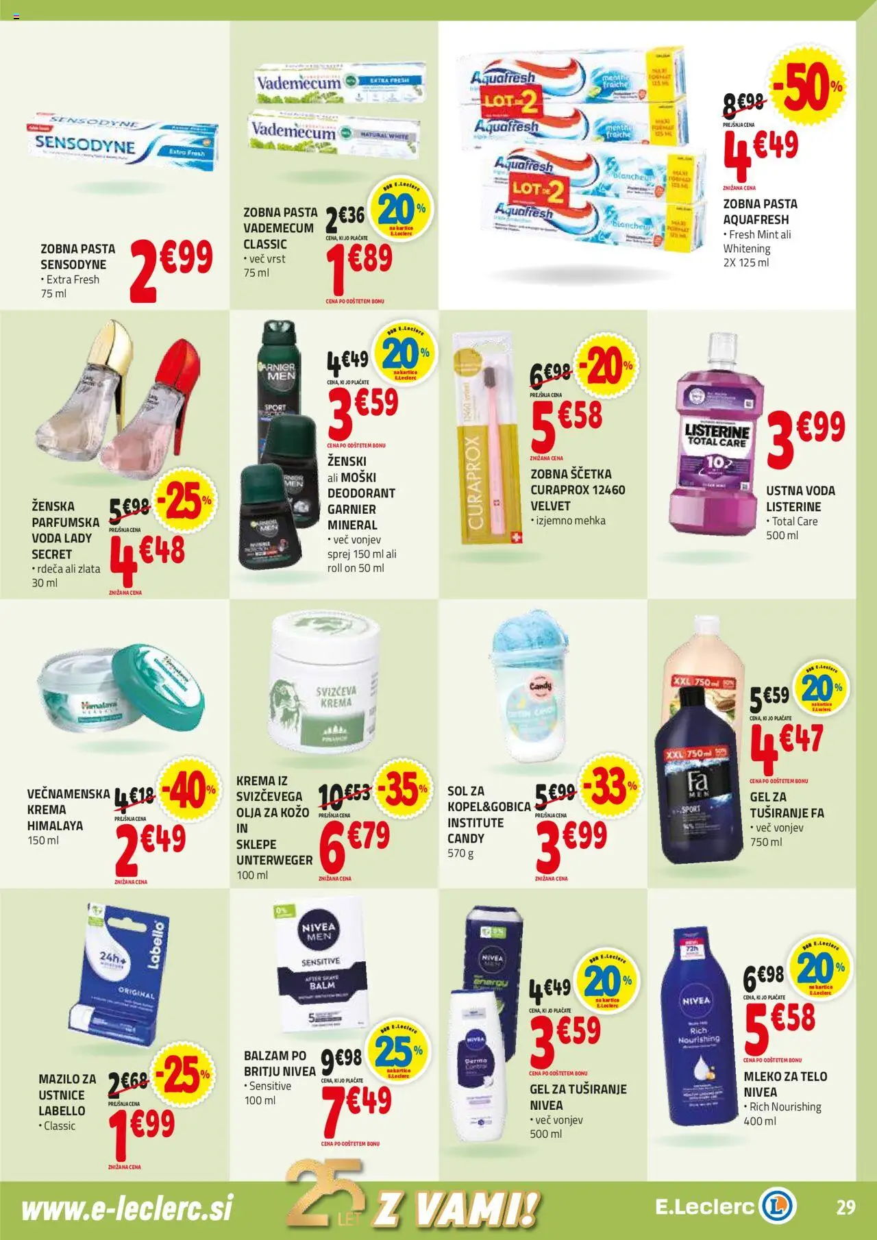 Novi E.leclerc katalog ponudbe – veljaven od 01.10.2025 | Stran: 29 | Izdelki: Mleko, Gel za tusiranje, Zobna scetka, Voda