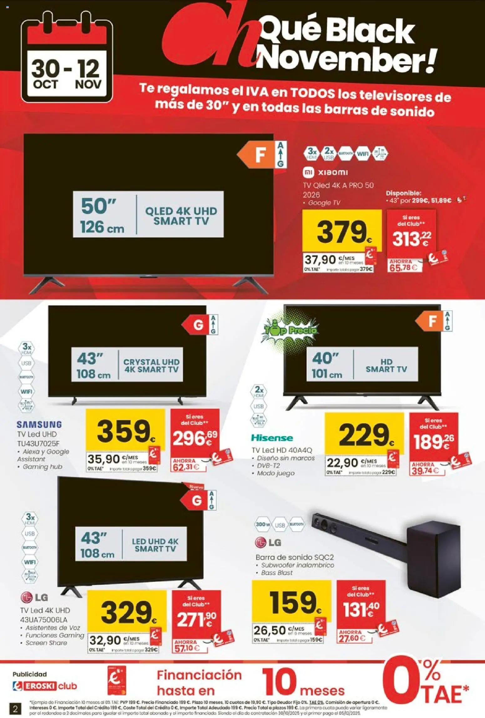 Eroski - Black Friday │ válido desde el 30.10.2025 | Página: 2 | Productos: Barras de sonido, Καλαμάρι, Té