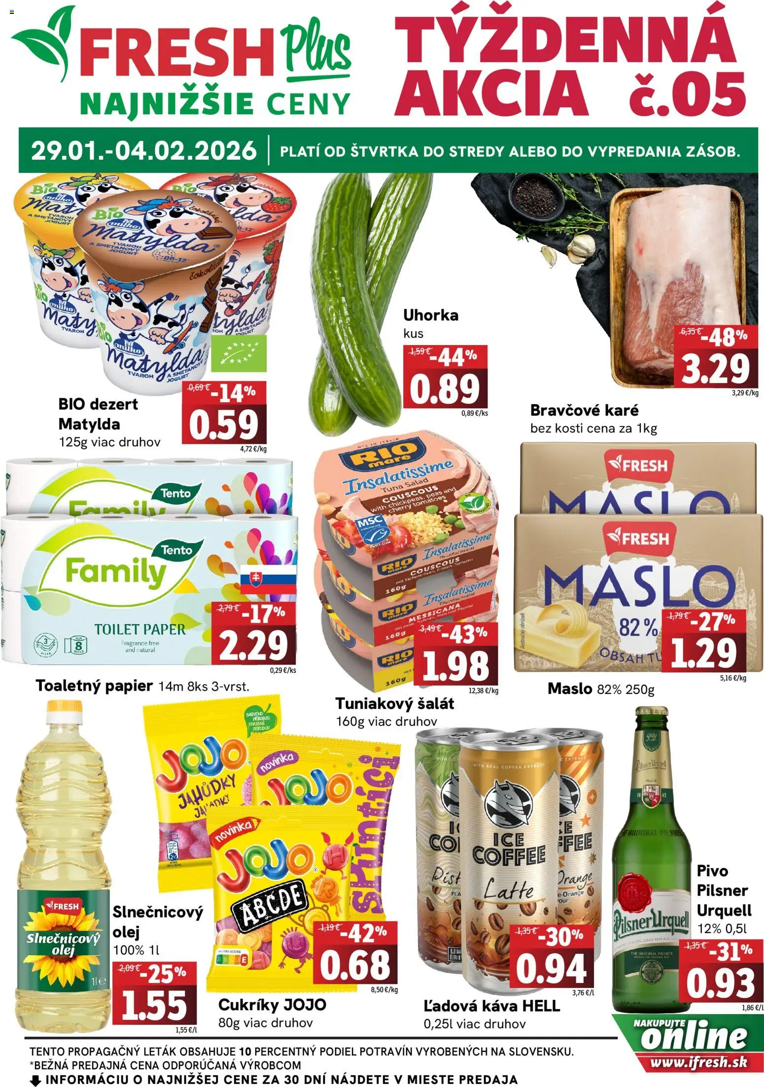 Nové Fresh akcie – leták je platný od 29.01.2026 | Strana: 1 | Produkty: Maslo, Olej, Toaletný papier, Šalát
