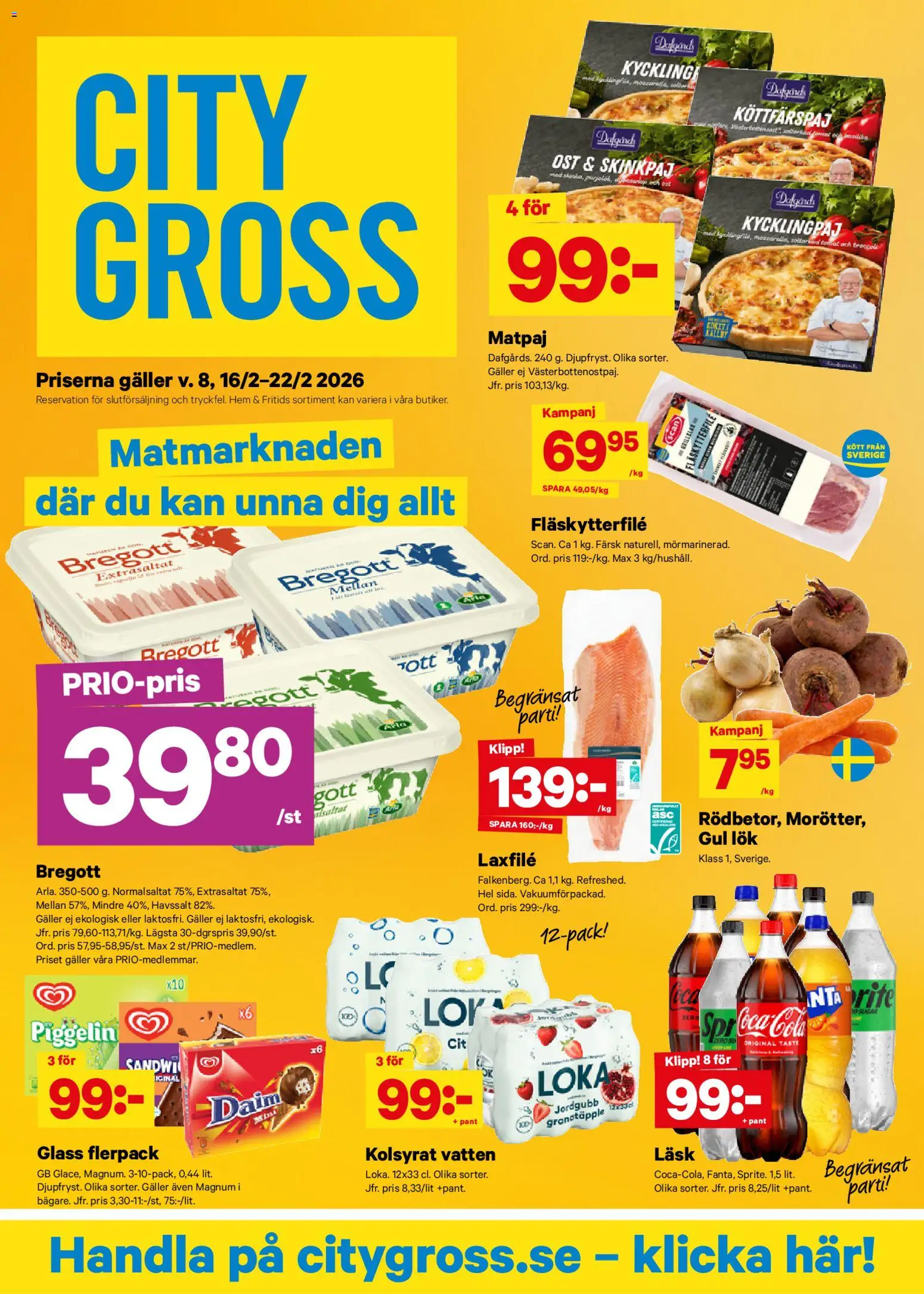 City Gross reklamblad aktuell från 16.02.2026 | Sida: 1 | Produkter: Loka, Galler, Coca cola, Glass