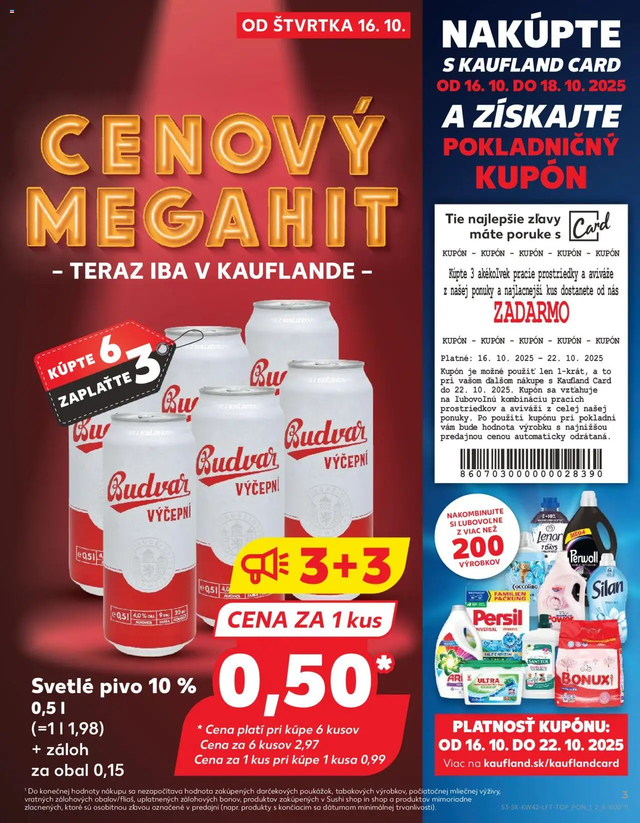 Nové Kaufland akcie – leták je platný od 16.10.2025 | Strana: 3 | Produkty: Pivo, Silan, Sushi, Lenor