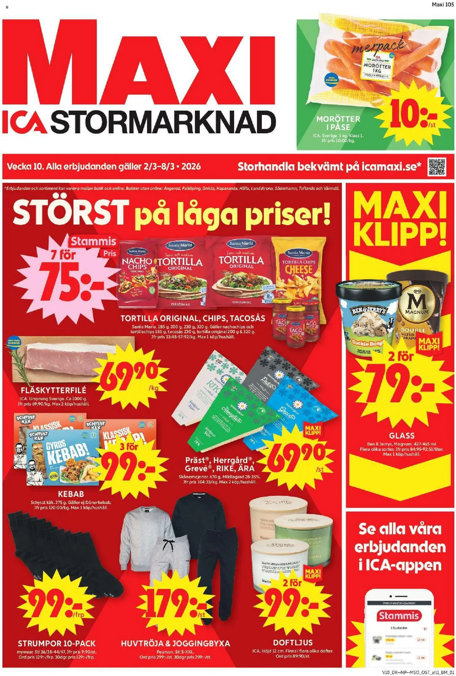 ICA Maxi reklamblad aktuell från 02.03.2026 | Sida: 1 | Produkter: Tortilla, Fläskytterfilé, Chips, Sweatshirt