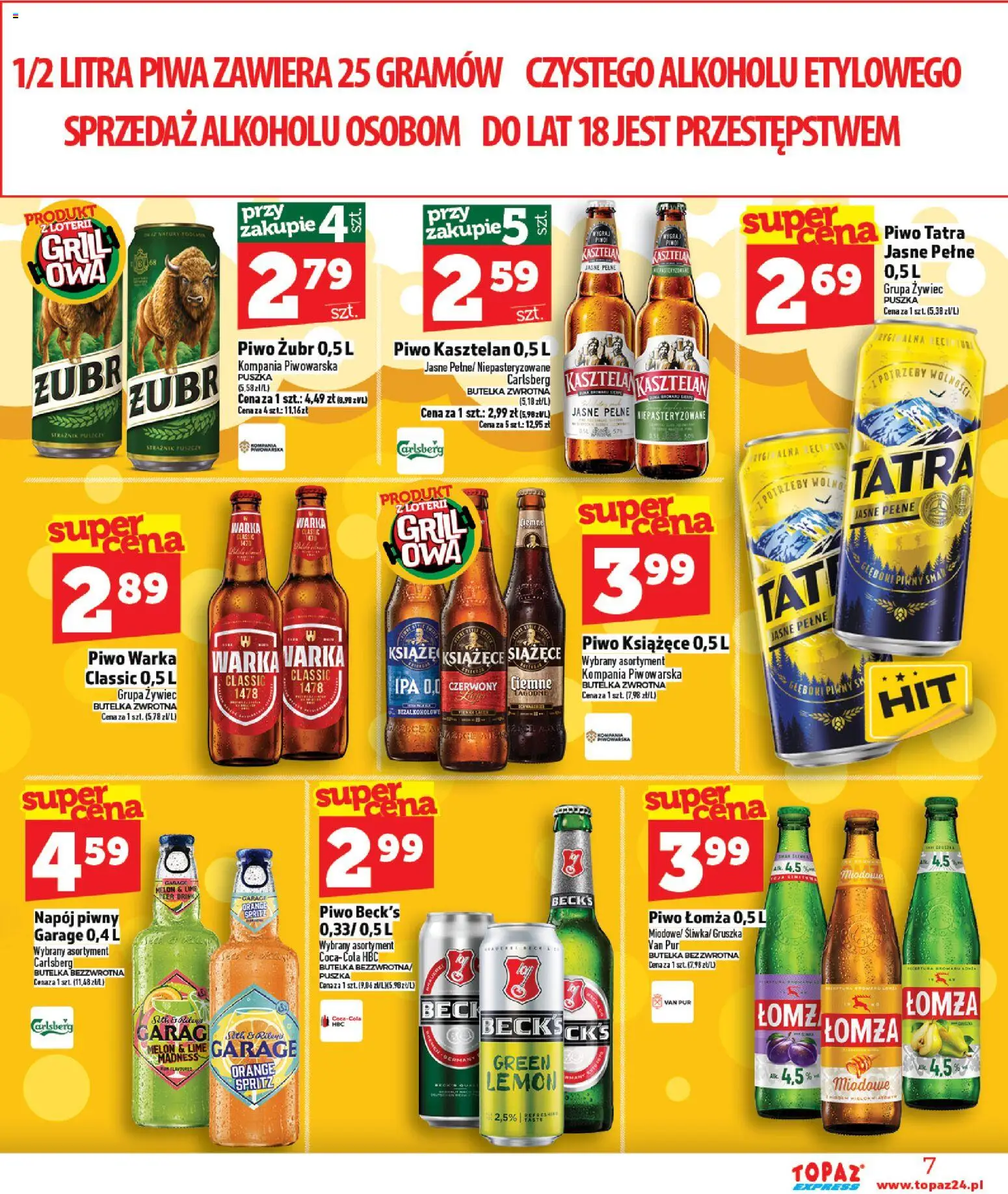 Topaz gazetka - Express od 16.04.2026 | Strona: 7 | Produkty: Piwo żubr, Gruszka, Grill, Piwo Warka