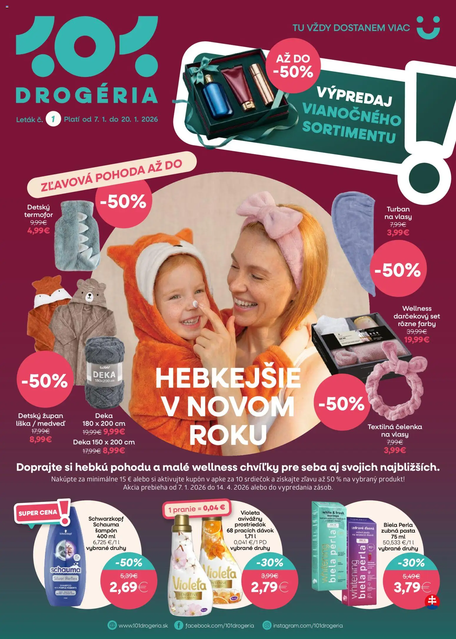 Nové 101 drogerie akcie – leták je platný od 07.01.2026 | Strana: 1 | Produkty: Šampón, Zubná pasta, Župan
