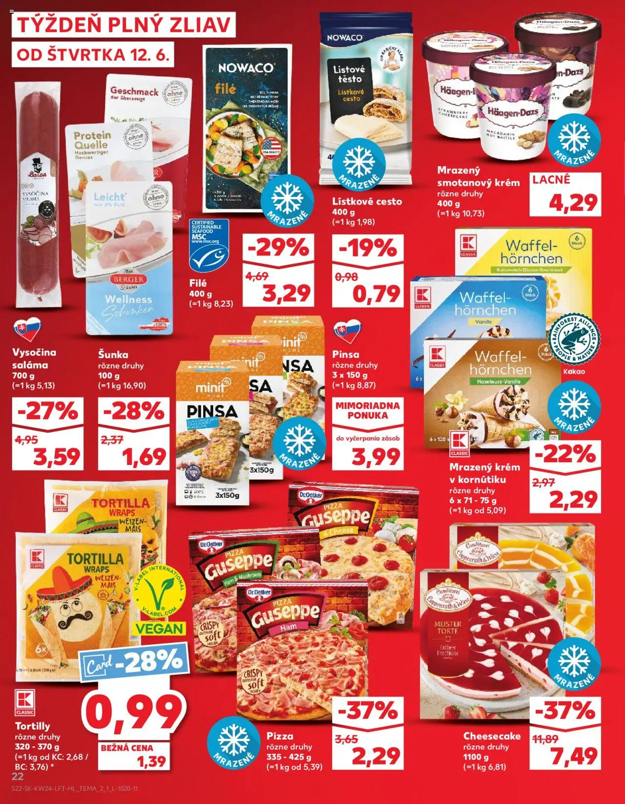 Nové Kaufland akcie – leták je platný od 12.06.2025 | Strana: 22 | Produkty: Šunka, Pizza, Tortilla, Krém