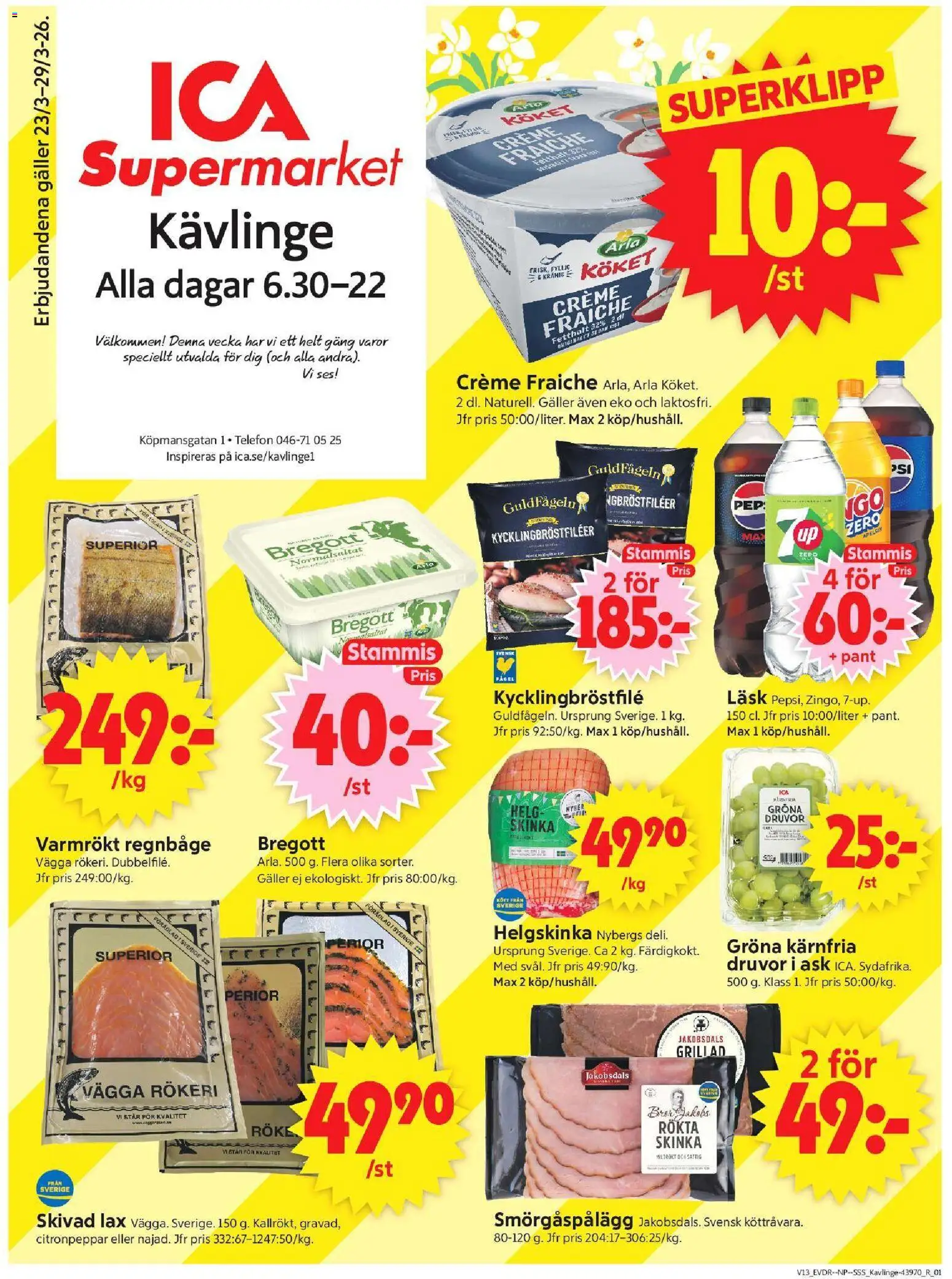 ICA Supermarket reklamblad aktuell från 23.03.2026 | Sida: 1 | Produkter: Smörgåspålägg, Creme fraiche, Citronpeppar, Skinka