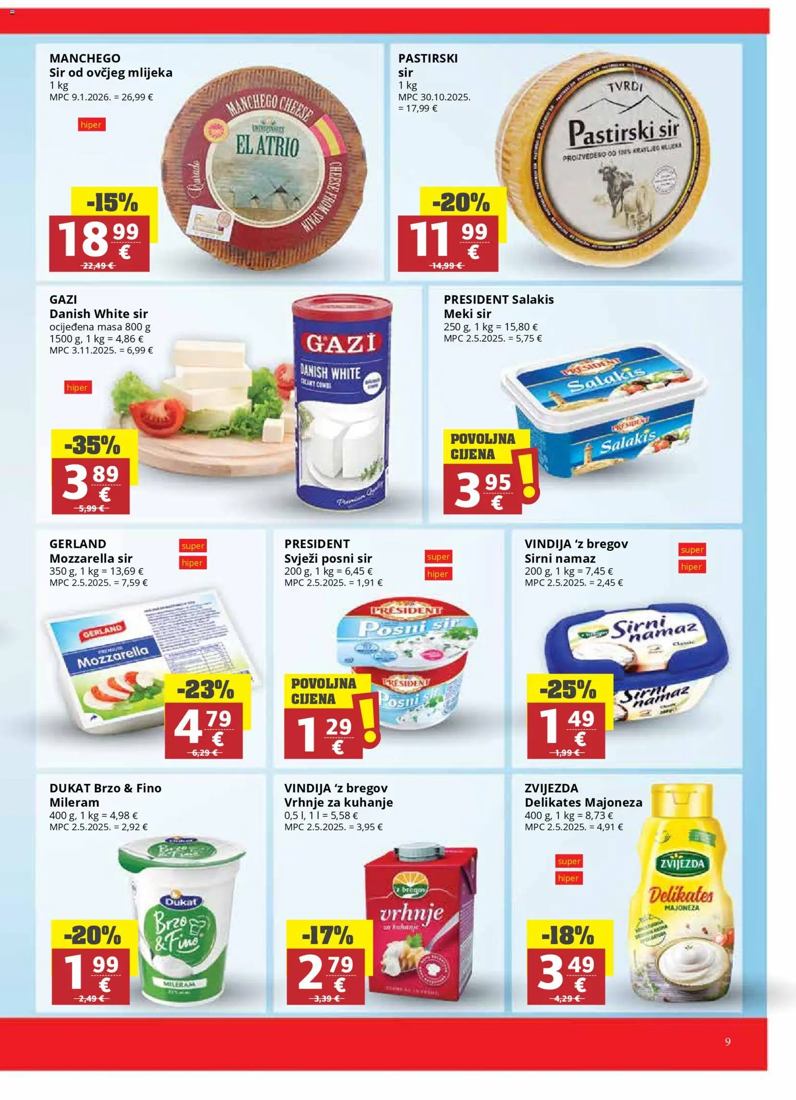 Ribola katalog | vrijedi od 25.02.2026 | Stranica: 9 | Proizvodi: Mozzarella, Vrhnje za kuhanje, Mileram, Namaz